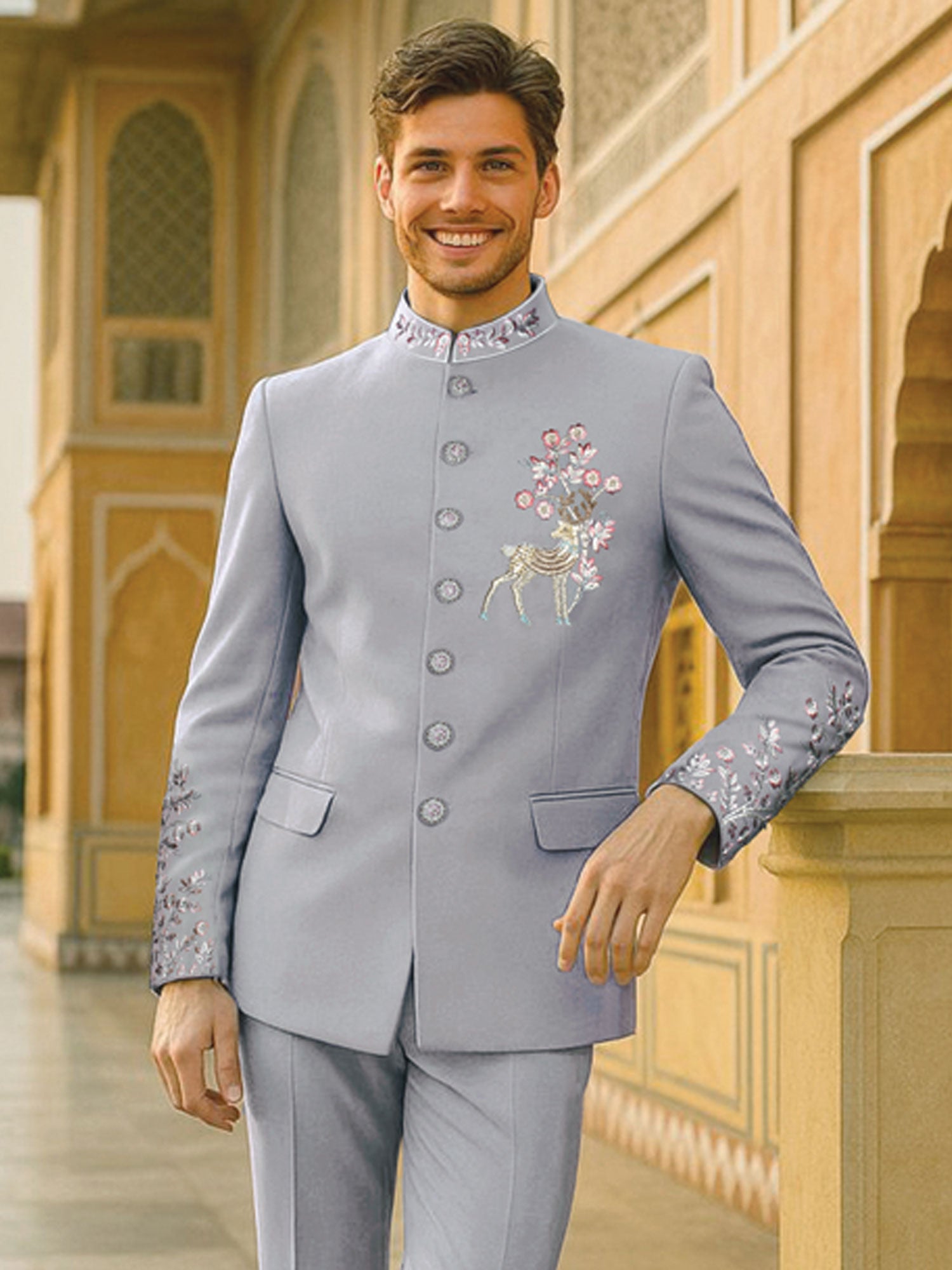 Blue Floral Thread Work Bandhgala Set