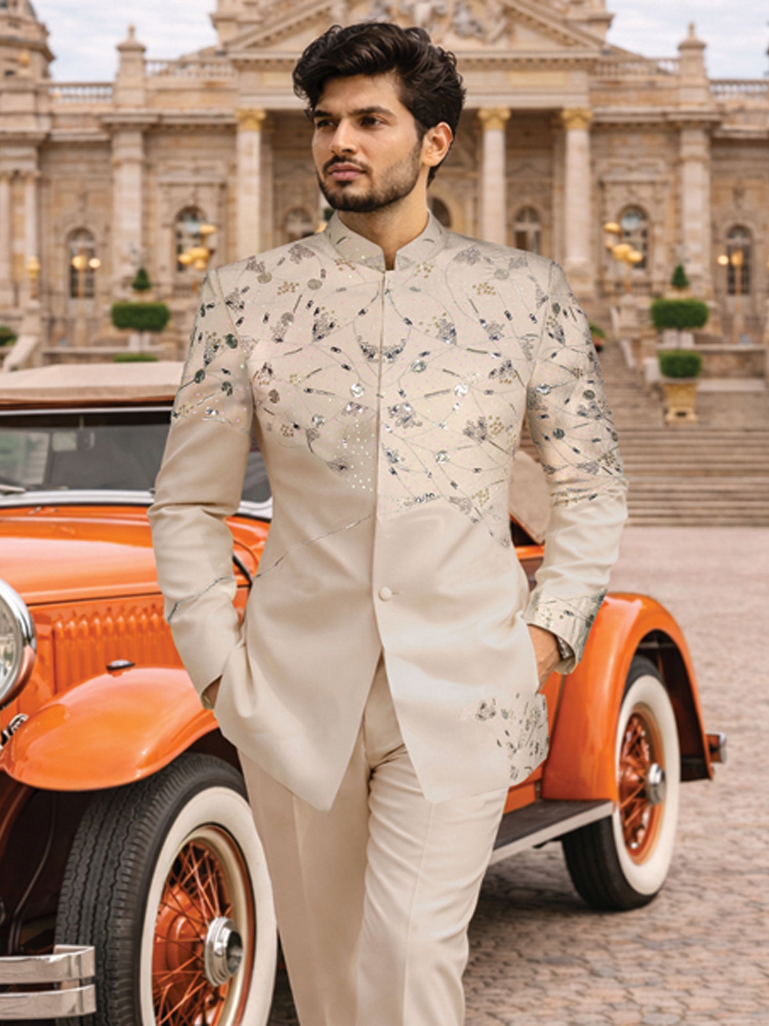 Beige Floral Thread Work Men's Jodhpuri Set