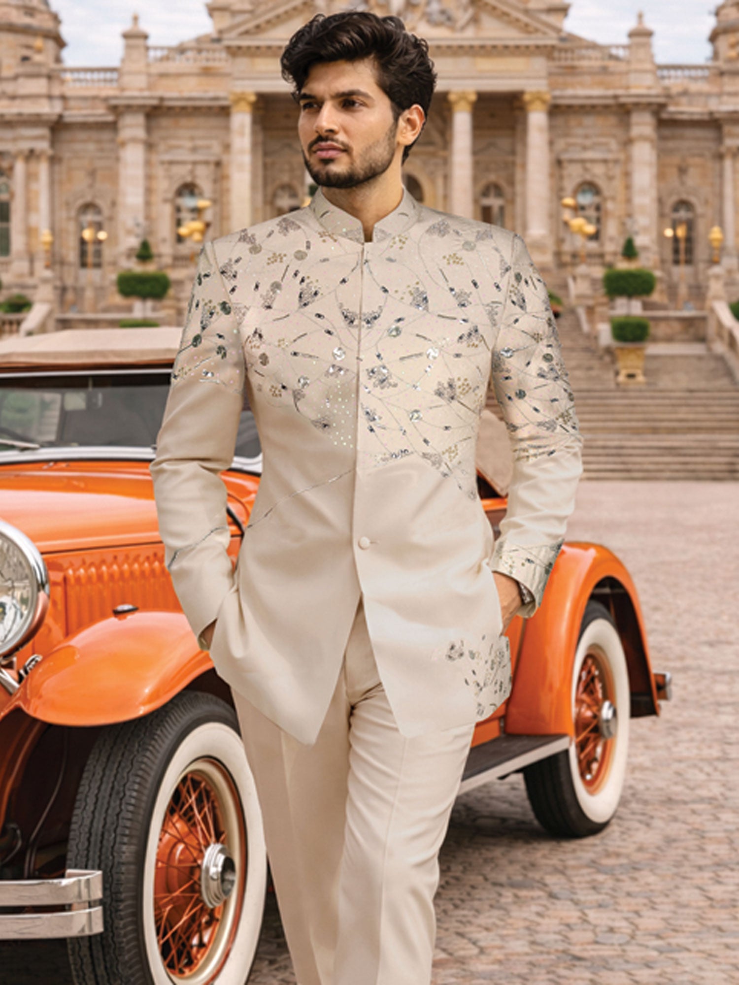 Beige Floral Thread Work Men's Jodhpuri Set
