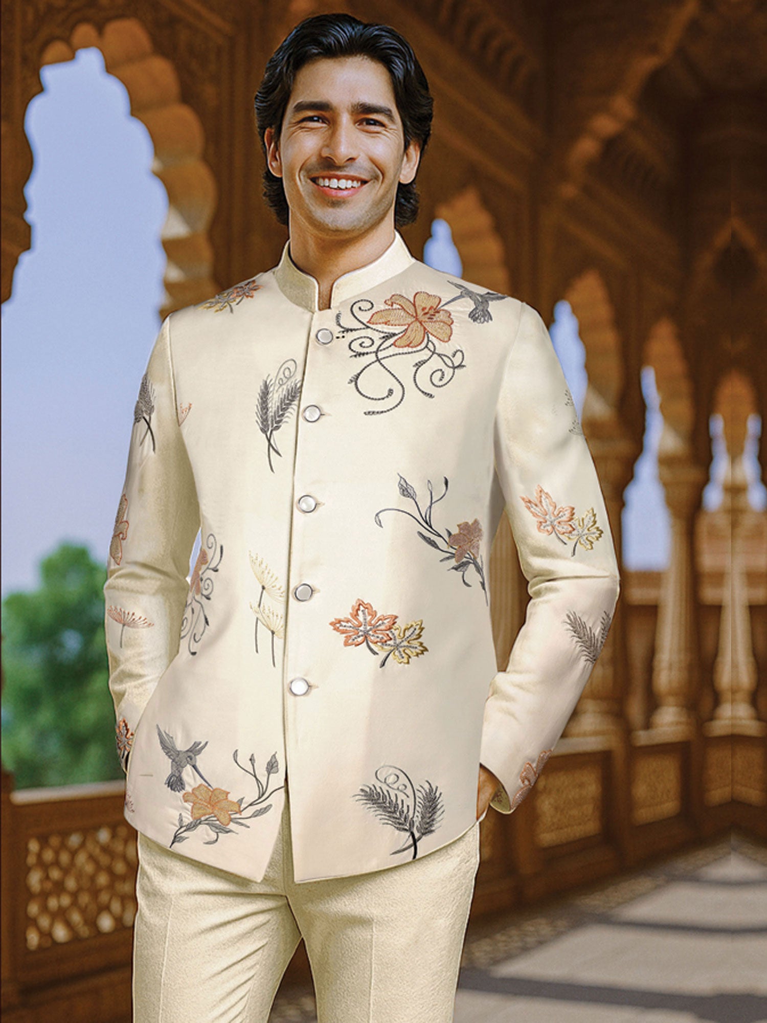 Beige Wedding Jodhpuri Set In Floral Work