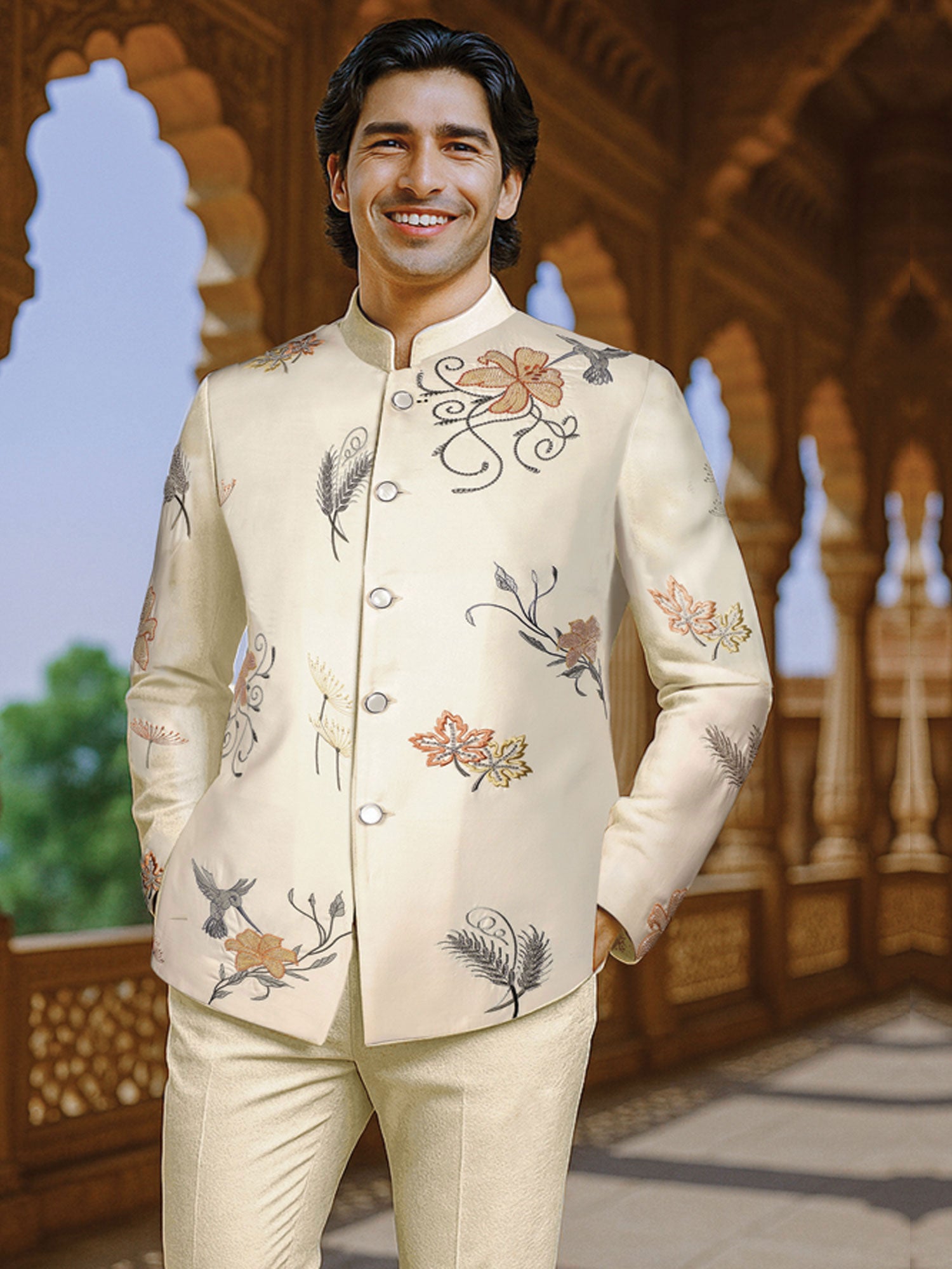 Beige Wedding Jodhpuri Set In Floral Work