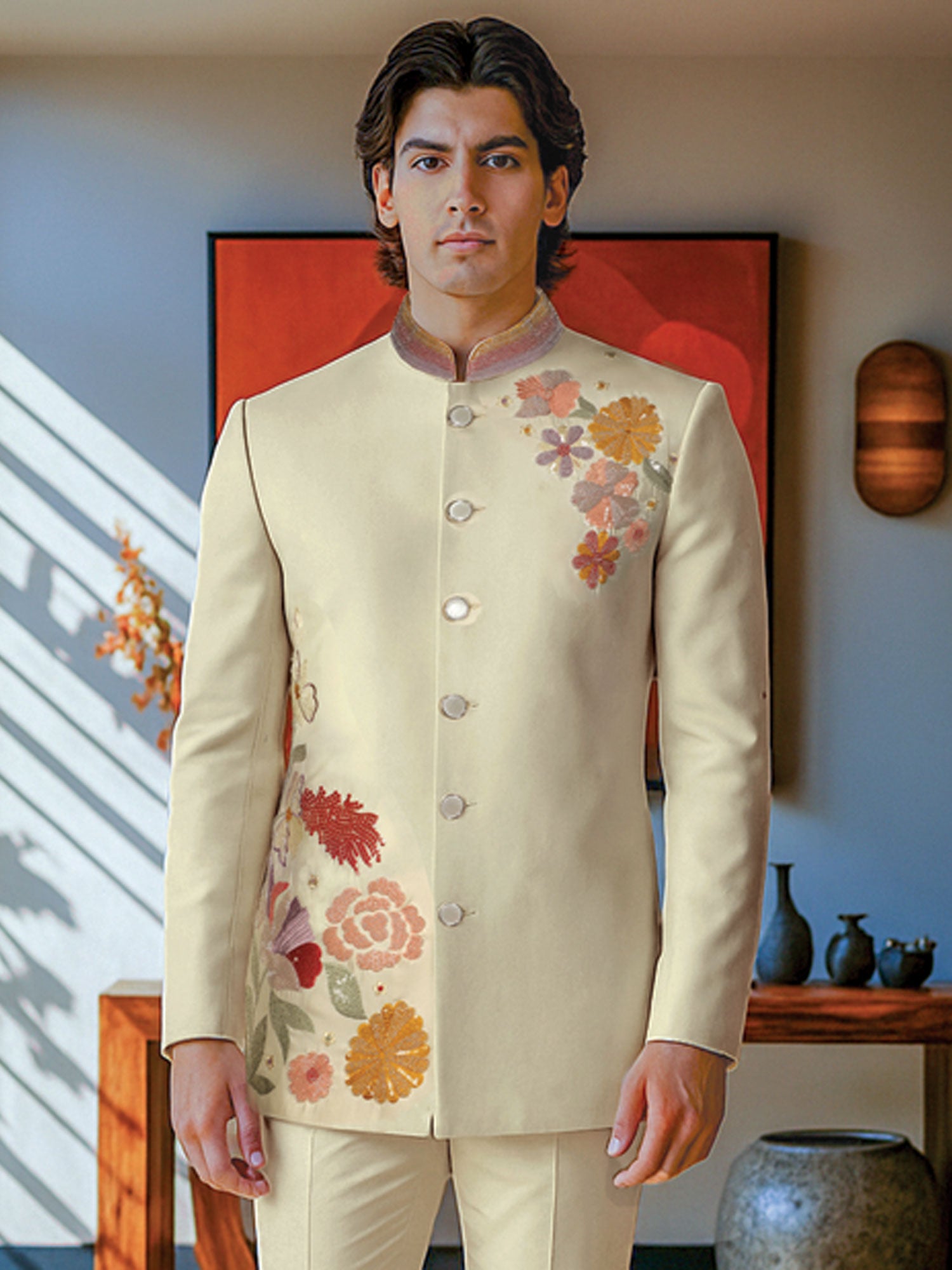 Light Cream Floral Work Wedding Jodhpuri Suit Set