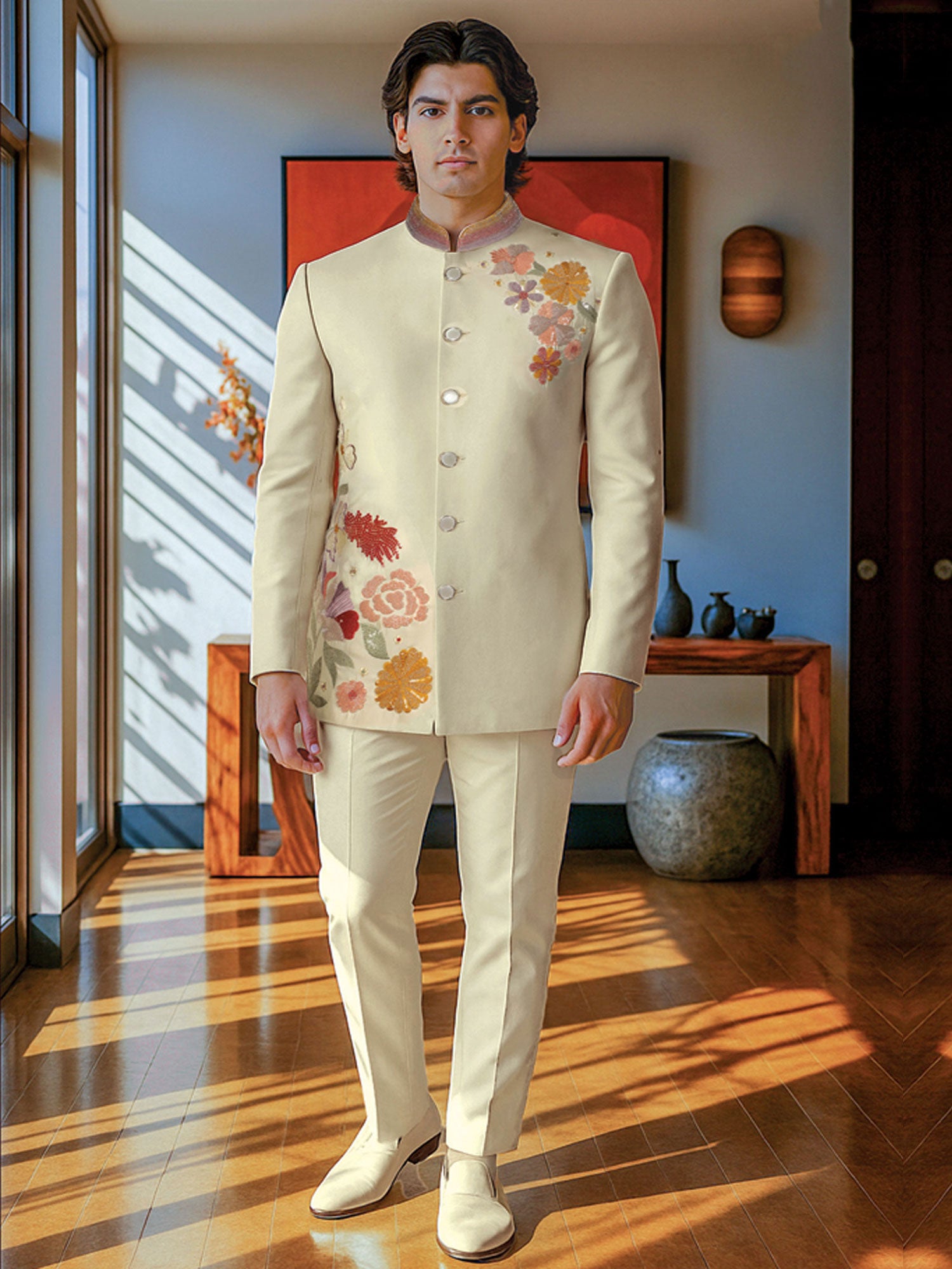 Light Cream Floral Work Wedding Jodhpuri Suit Set
