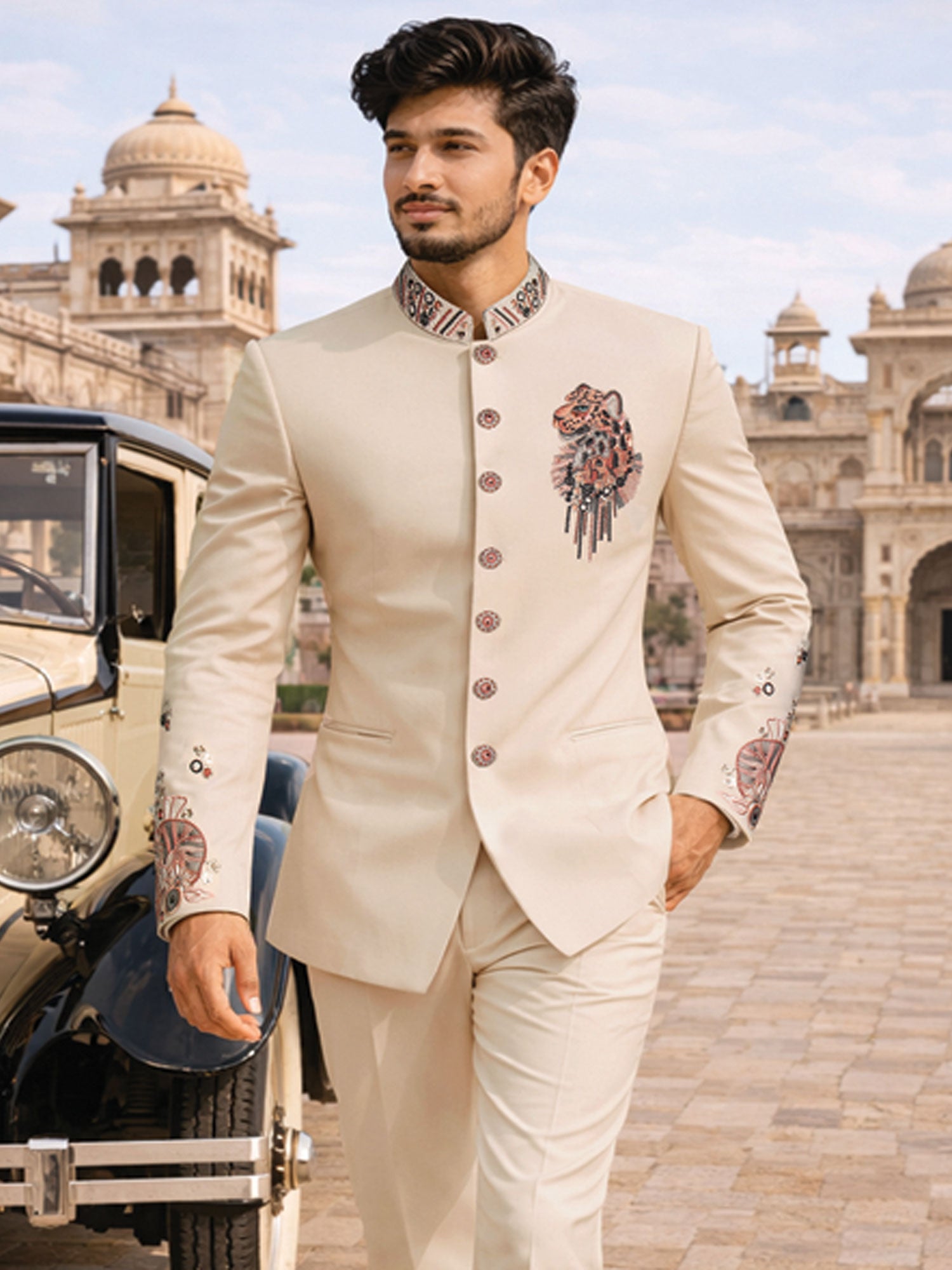 Beige Men's Jodhpuri Set In Floral Embroidery