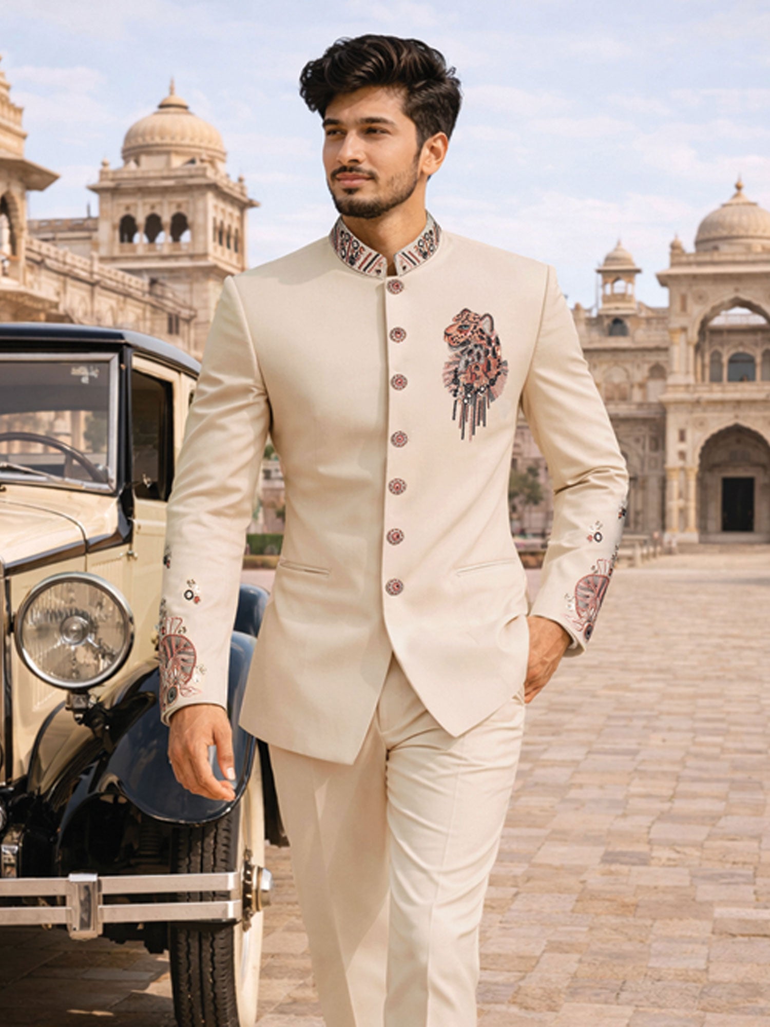 Beige Men's Jodhpuri Set In Floral Embroidery