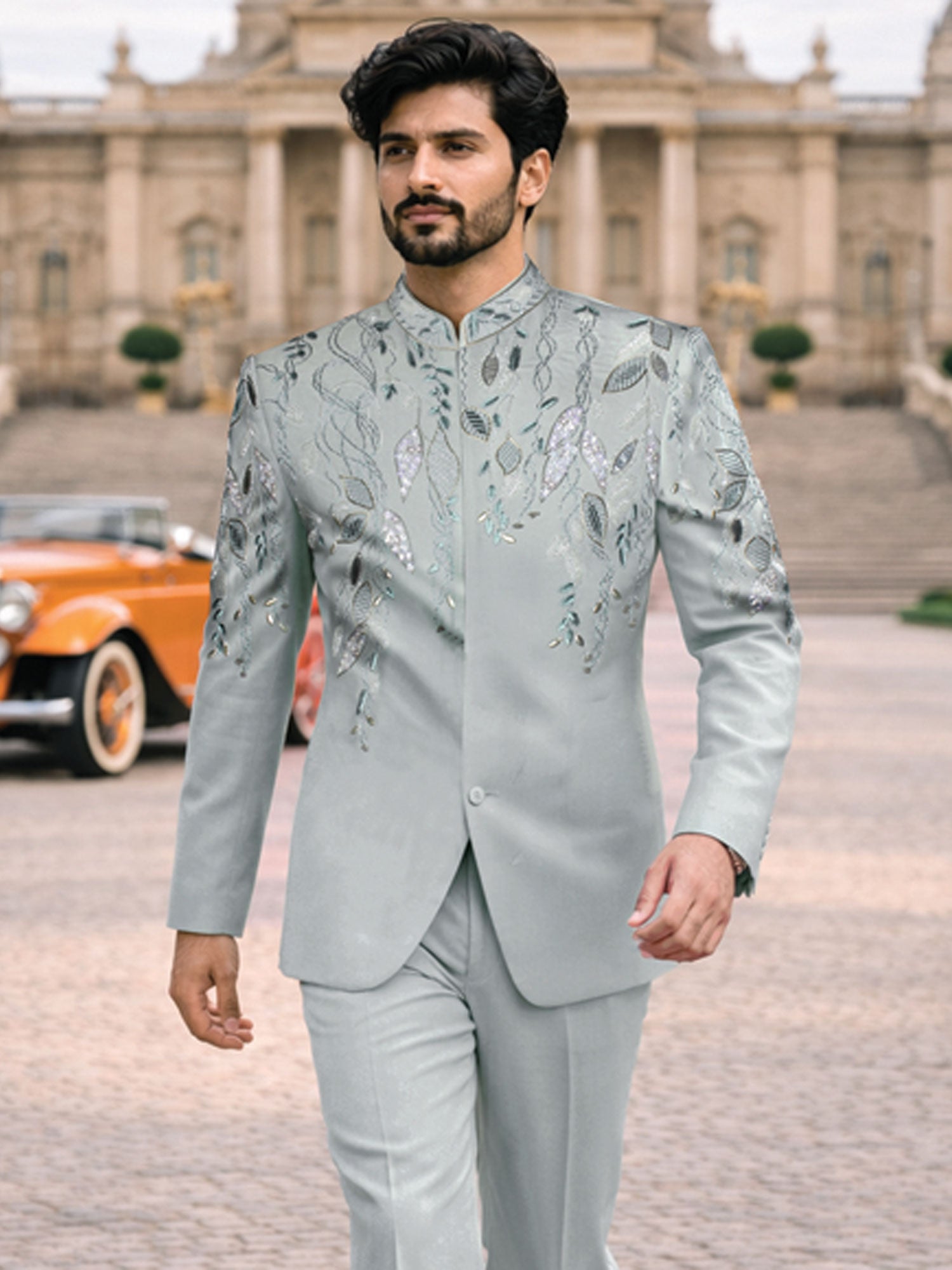 Blue Heavy Floral Work Bandhgala Suit Set