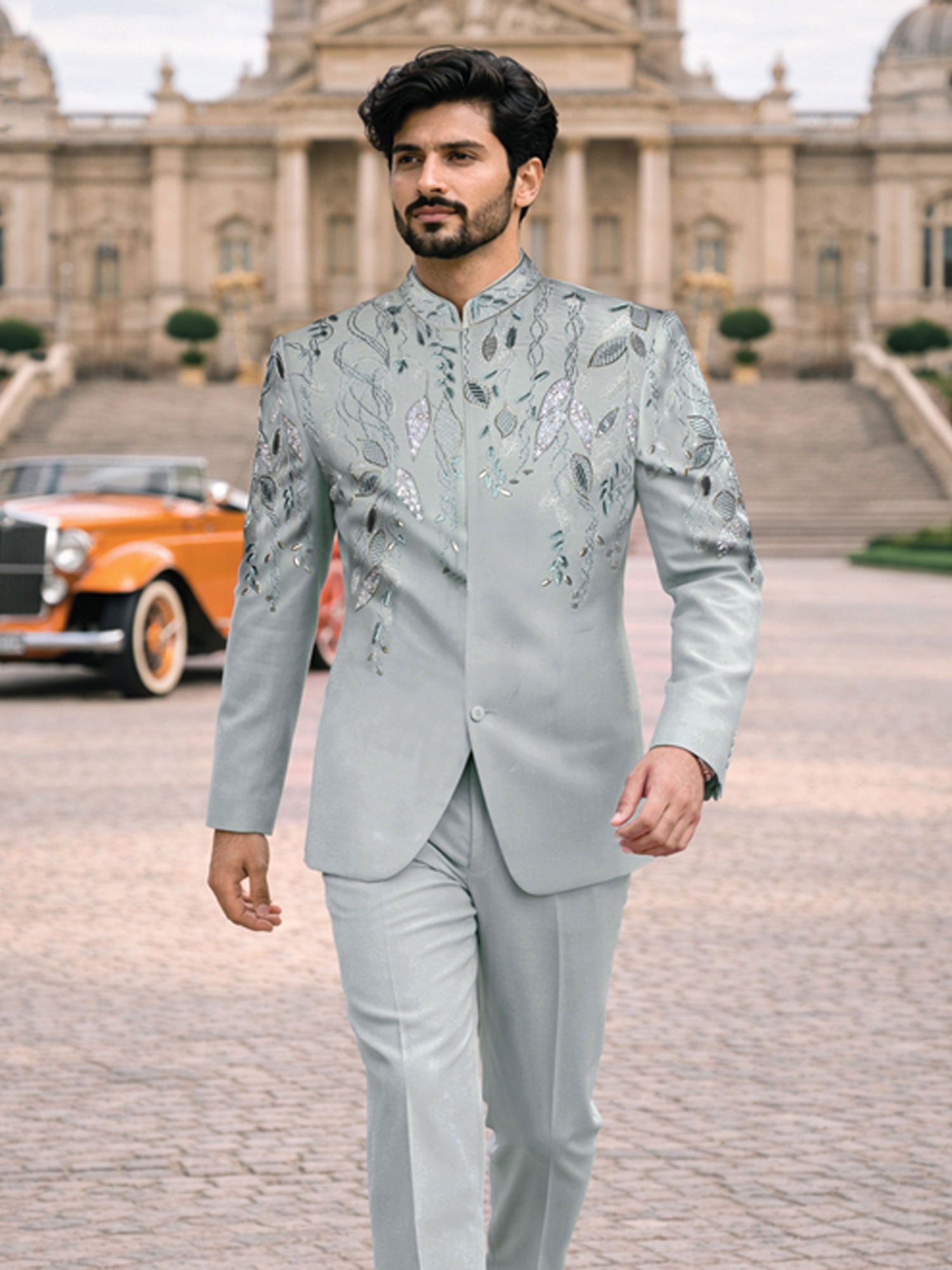Blue Heavy Floral Work Bandhgala Suit Set