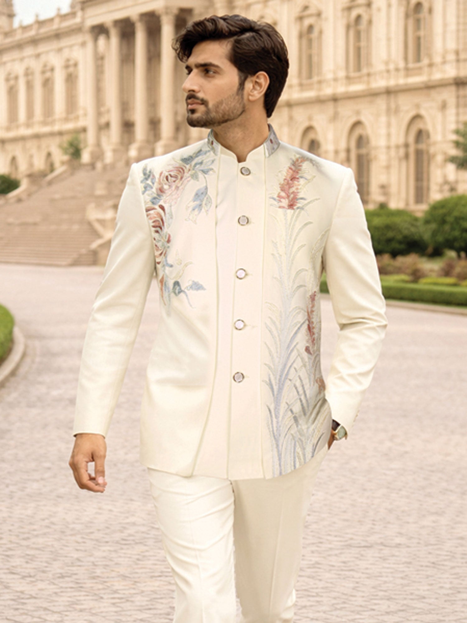 Cream Floral Work Bandhgala Set With Jacket
