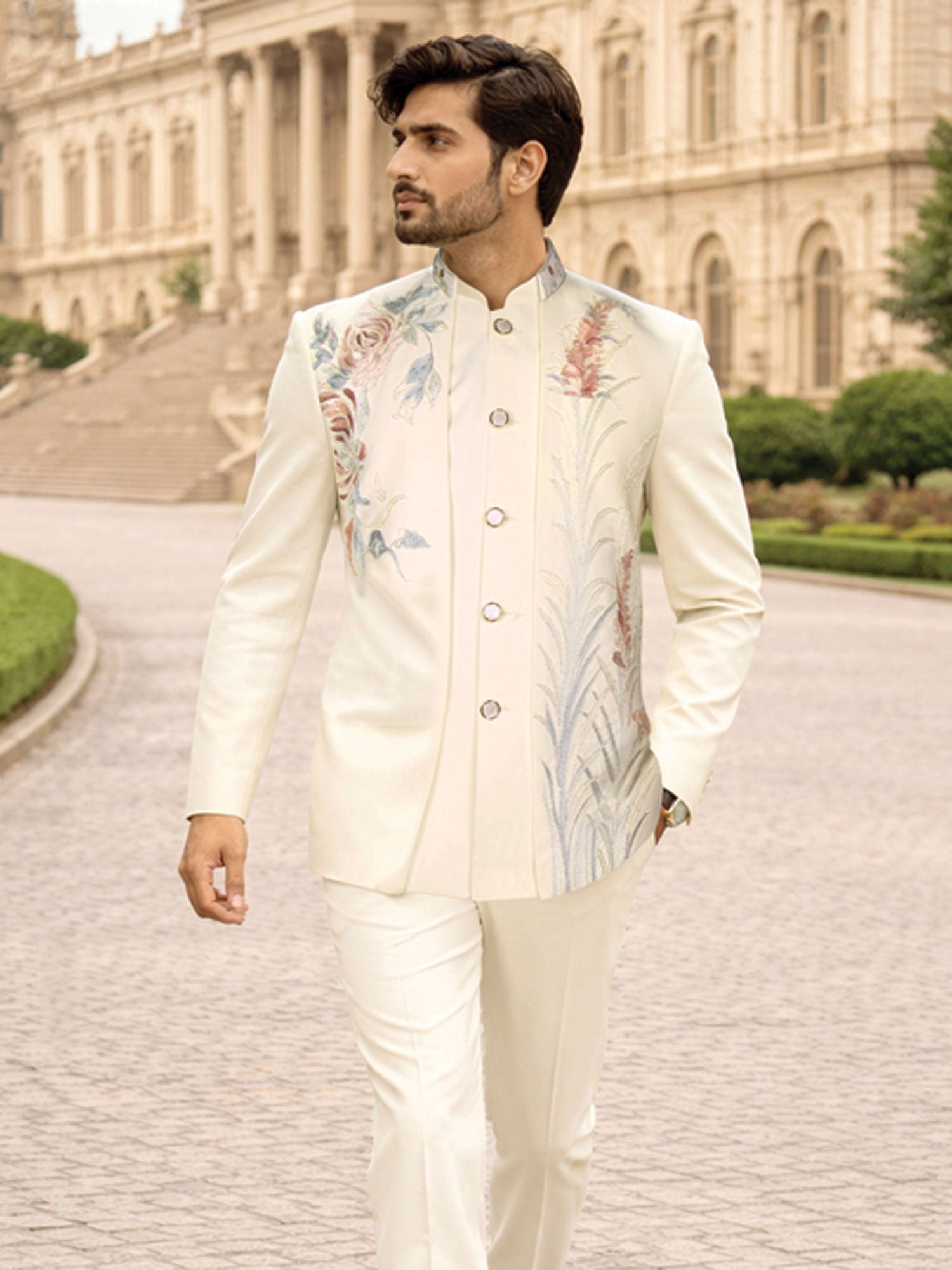 Cream Floral Work Bandhgala Set With Jacket