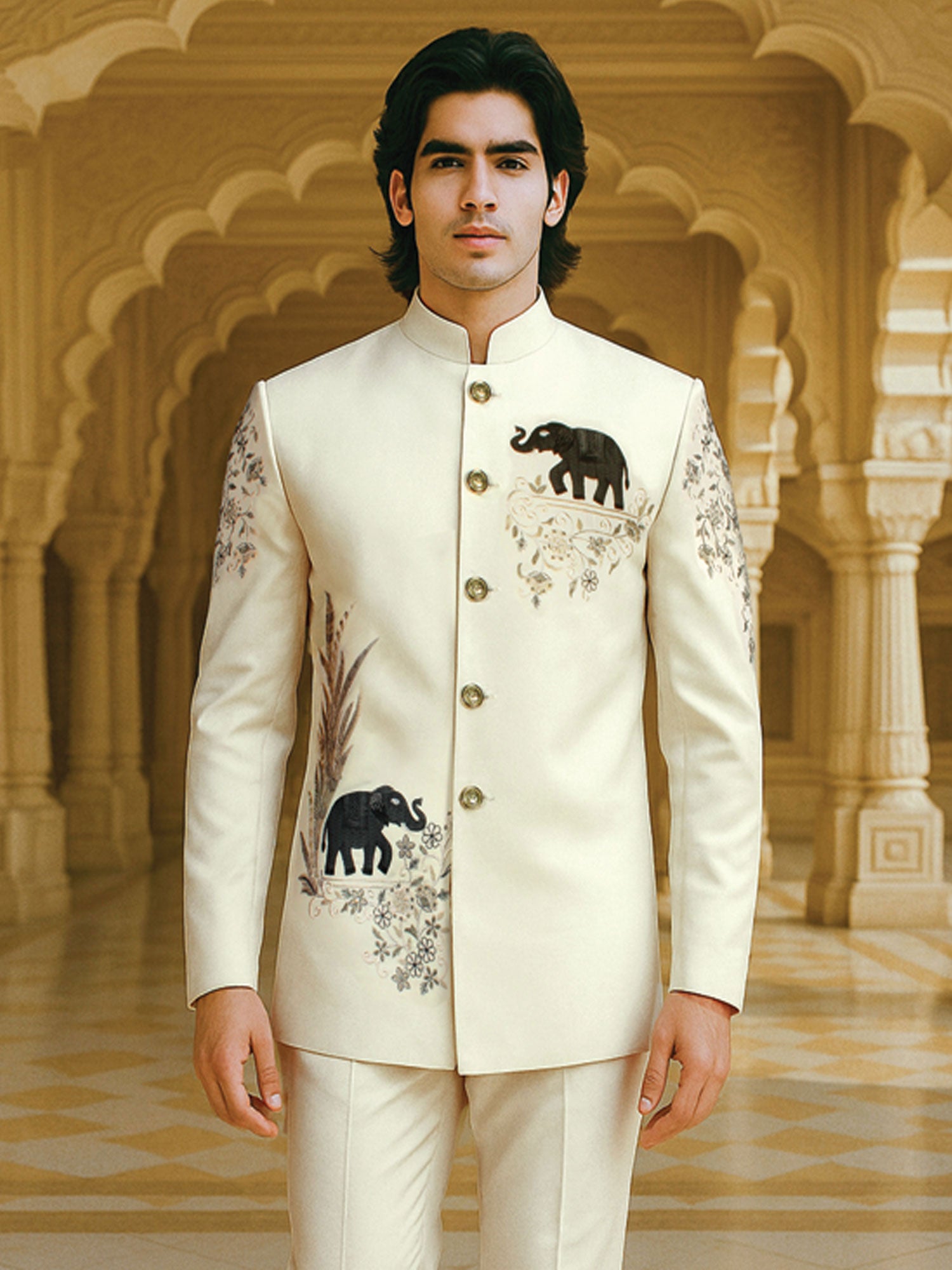Cream Wedding Wear Mandarin Style Suit