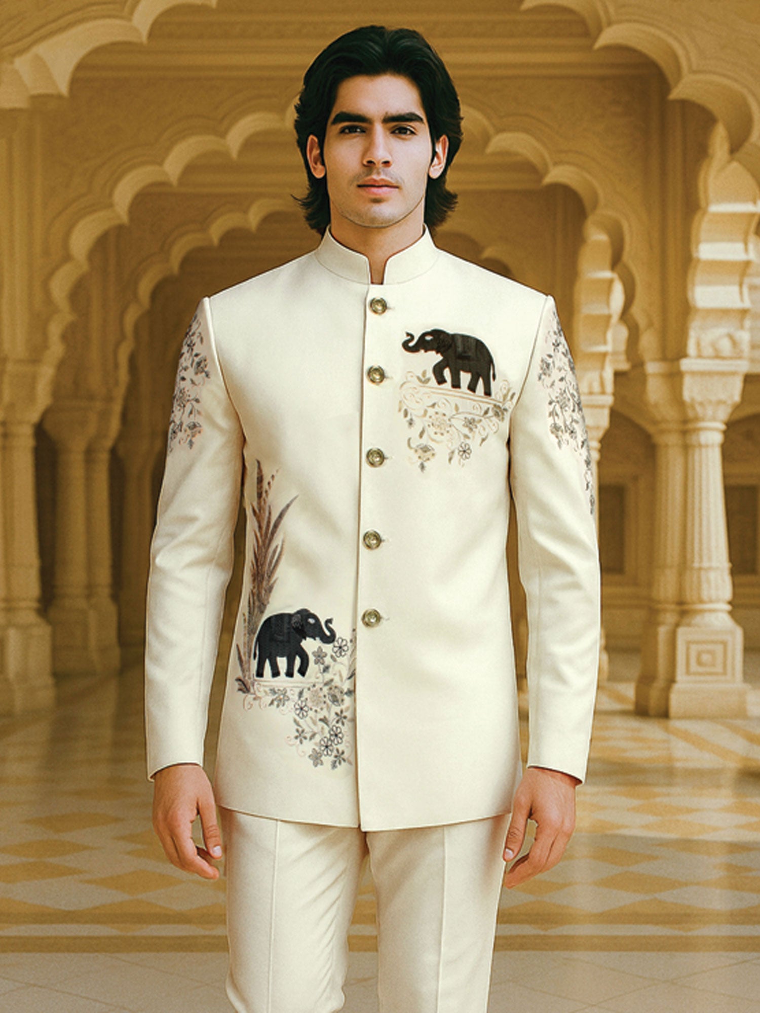 Cream Wedding Wear Mandarin Style Suit