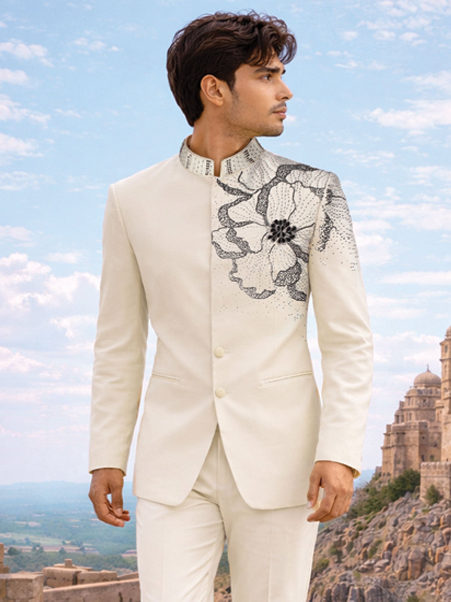 Off White Floral Embroidered Mandarin Set