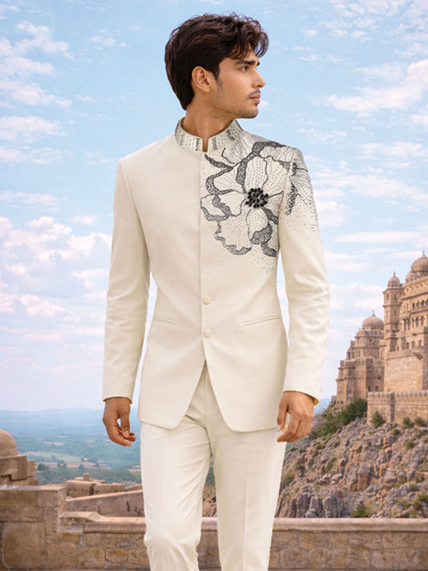 Off White Floral Embroidered Mandarin Set