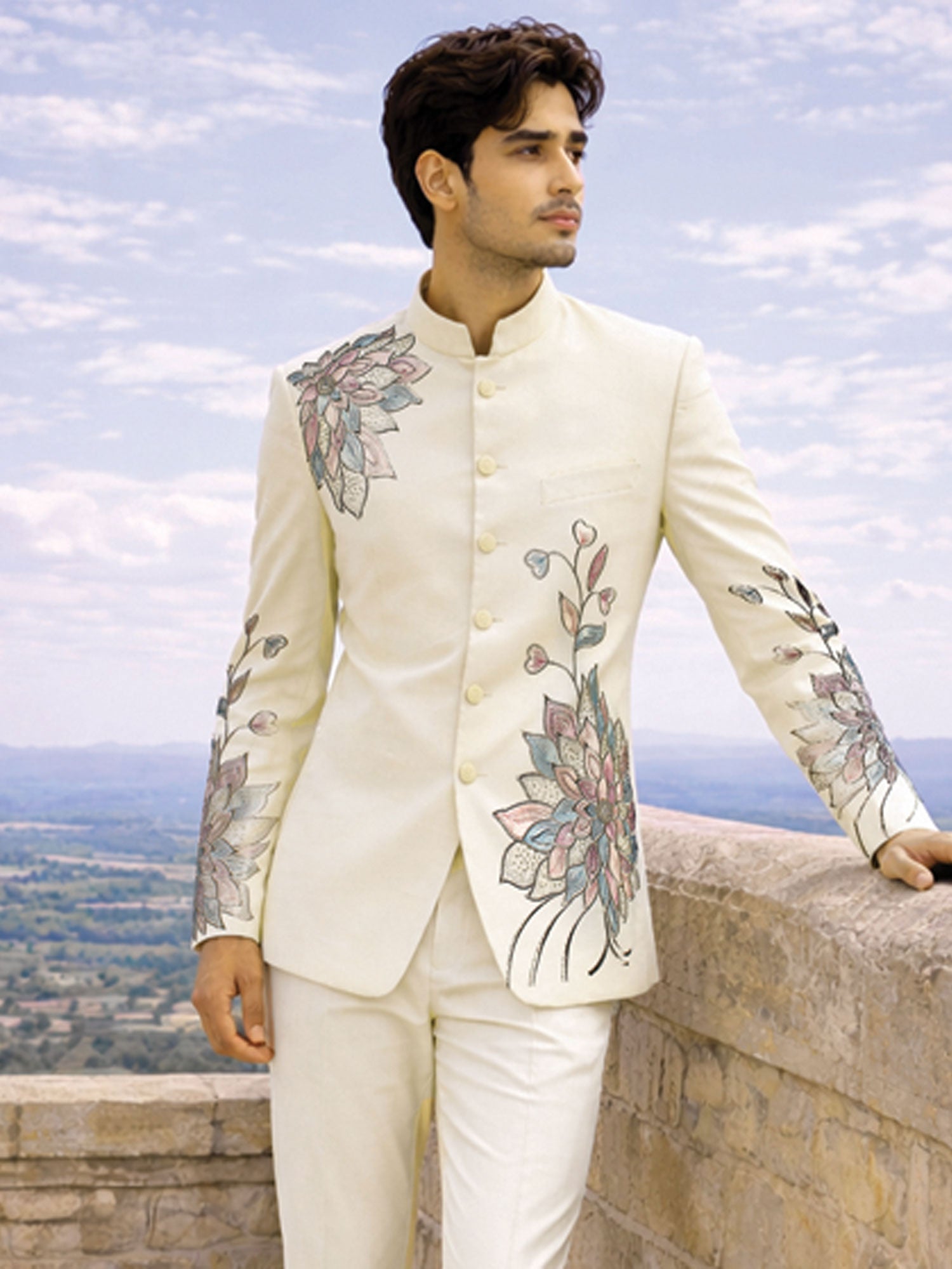 White Floral Work Men's Jodhpuri Suit