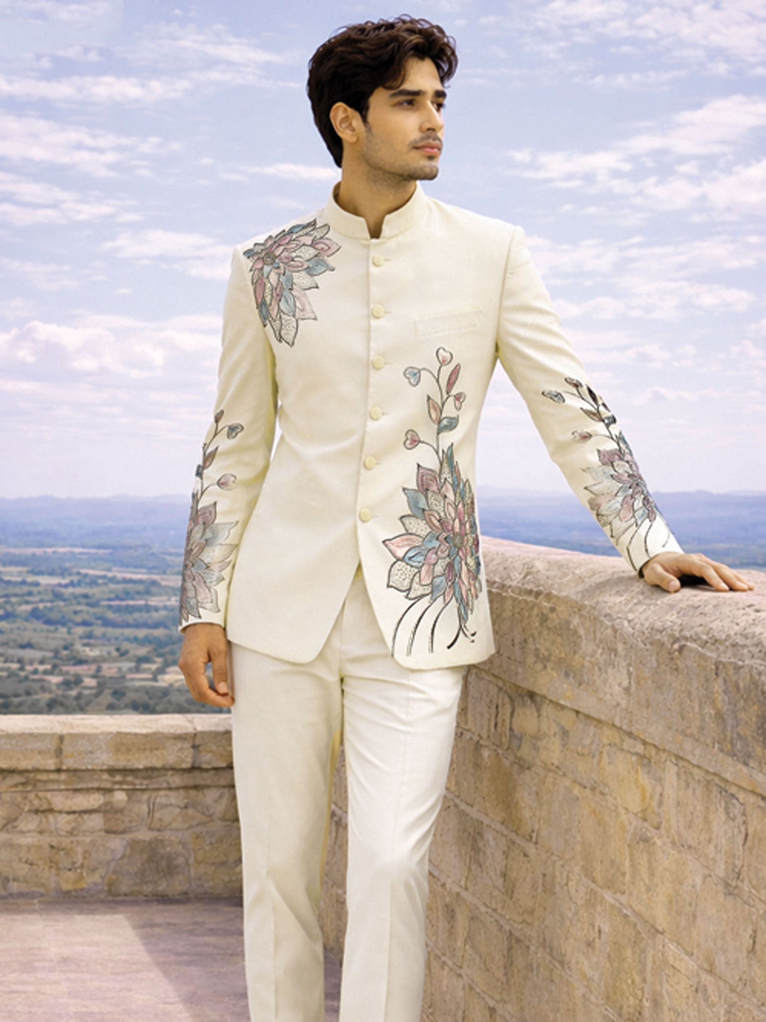 White Floral Work Men's Jodhpuri Suit