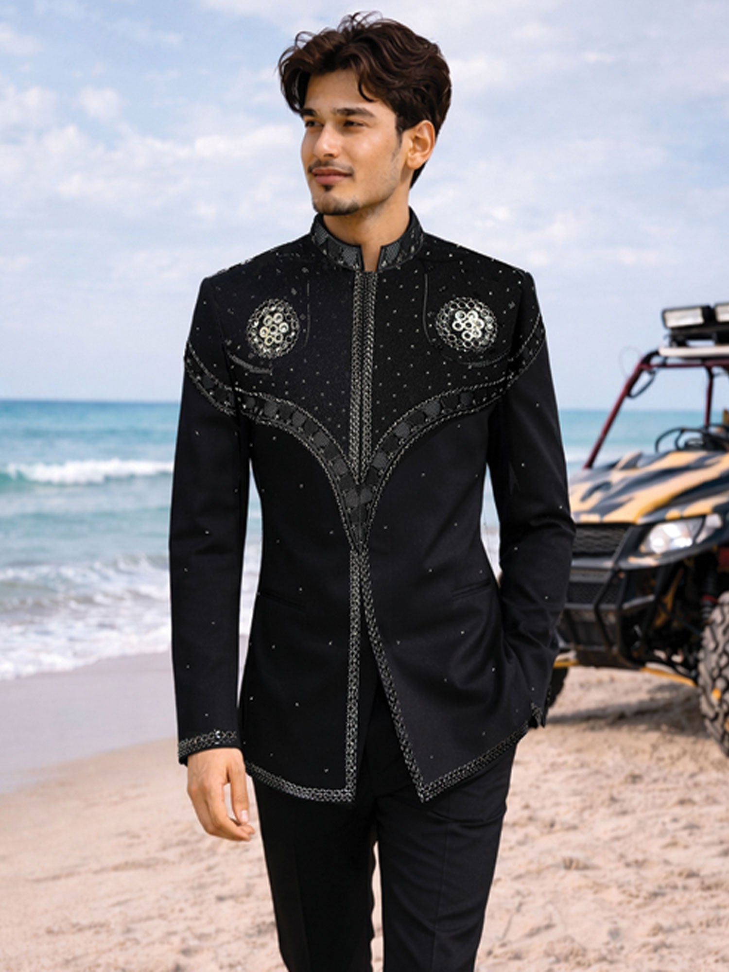 Black Embroidered Men's Mandarin Suit Set