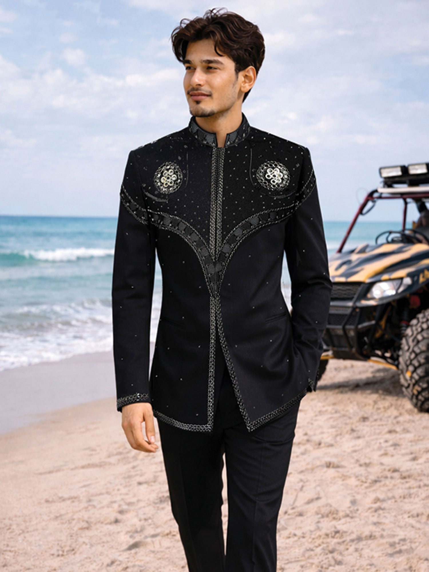 Black Embroidered Men's Mandarin Suit Set