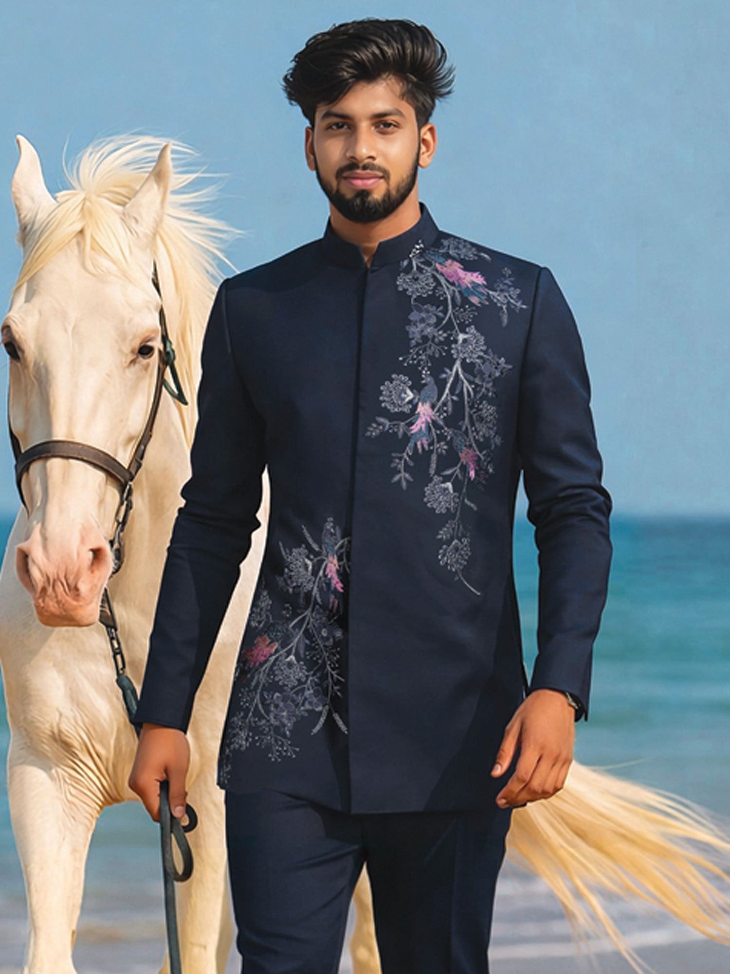 Blue Wedding Designer Bandhgala Suit Set