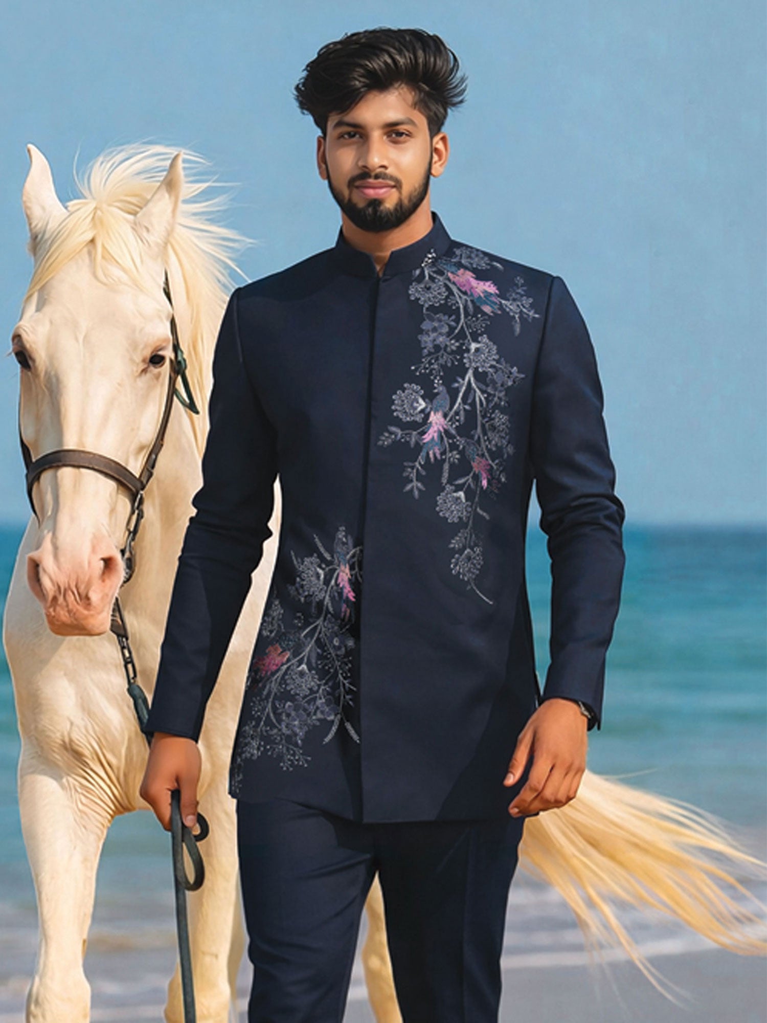 Blue Wedding Designer Bandhgala Suit Set