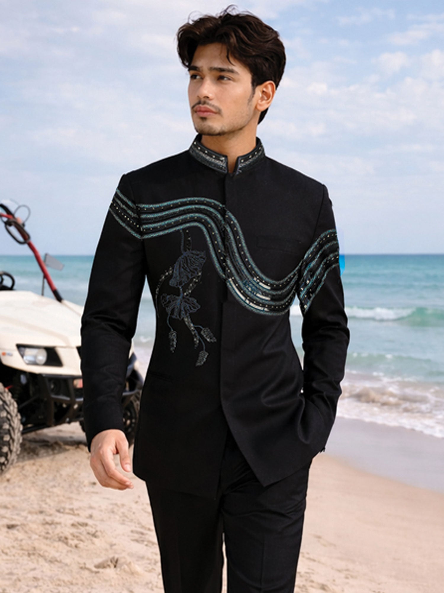 Black Cocktail Wear Mandarin Suit For Mens