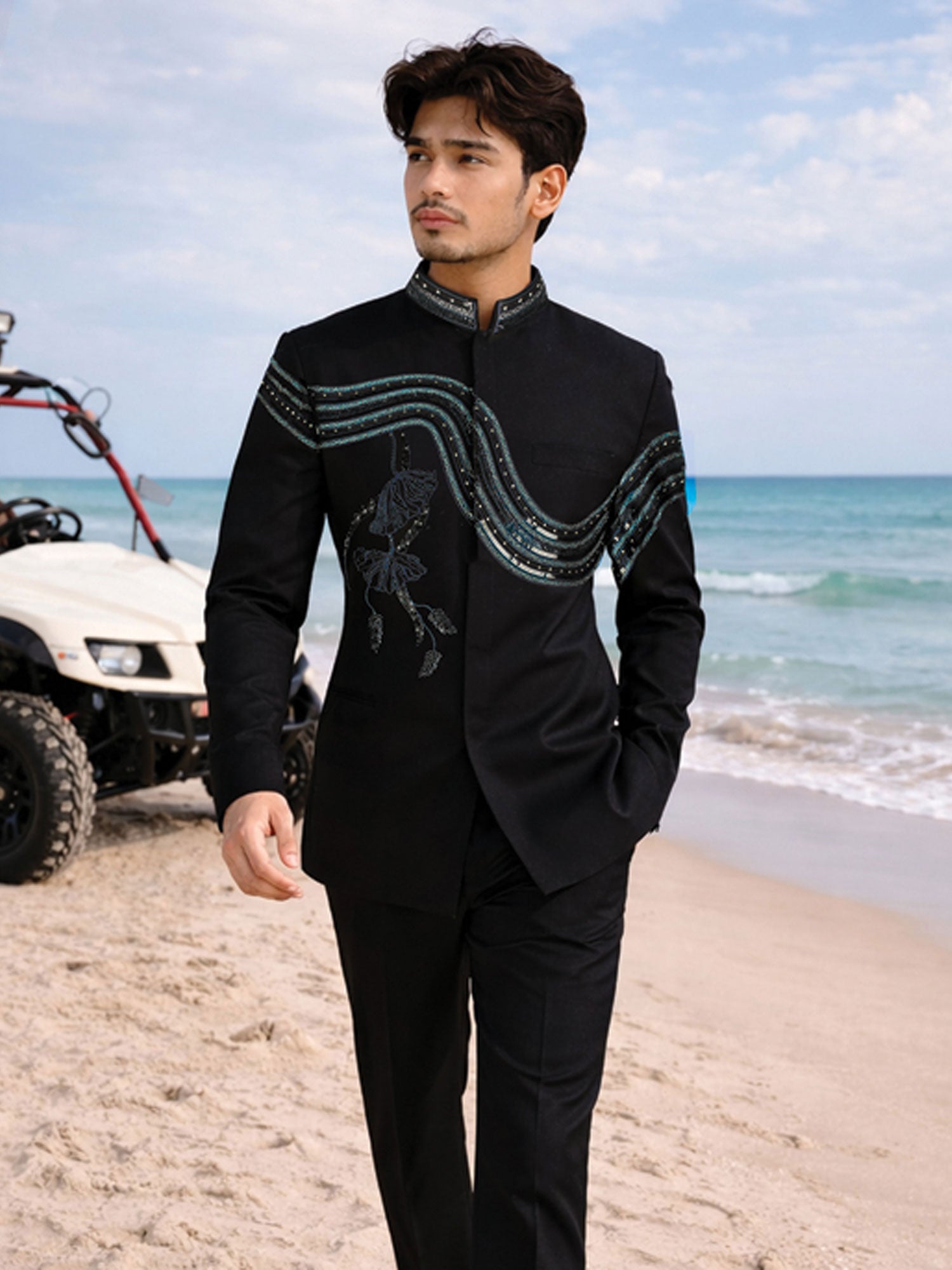 Black Cocktail Wear Mandarin Suit For Mens