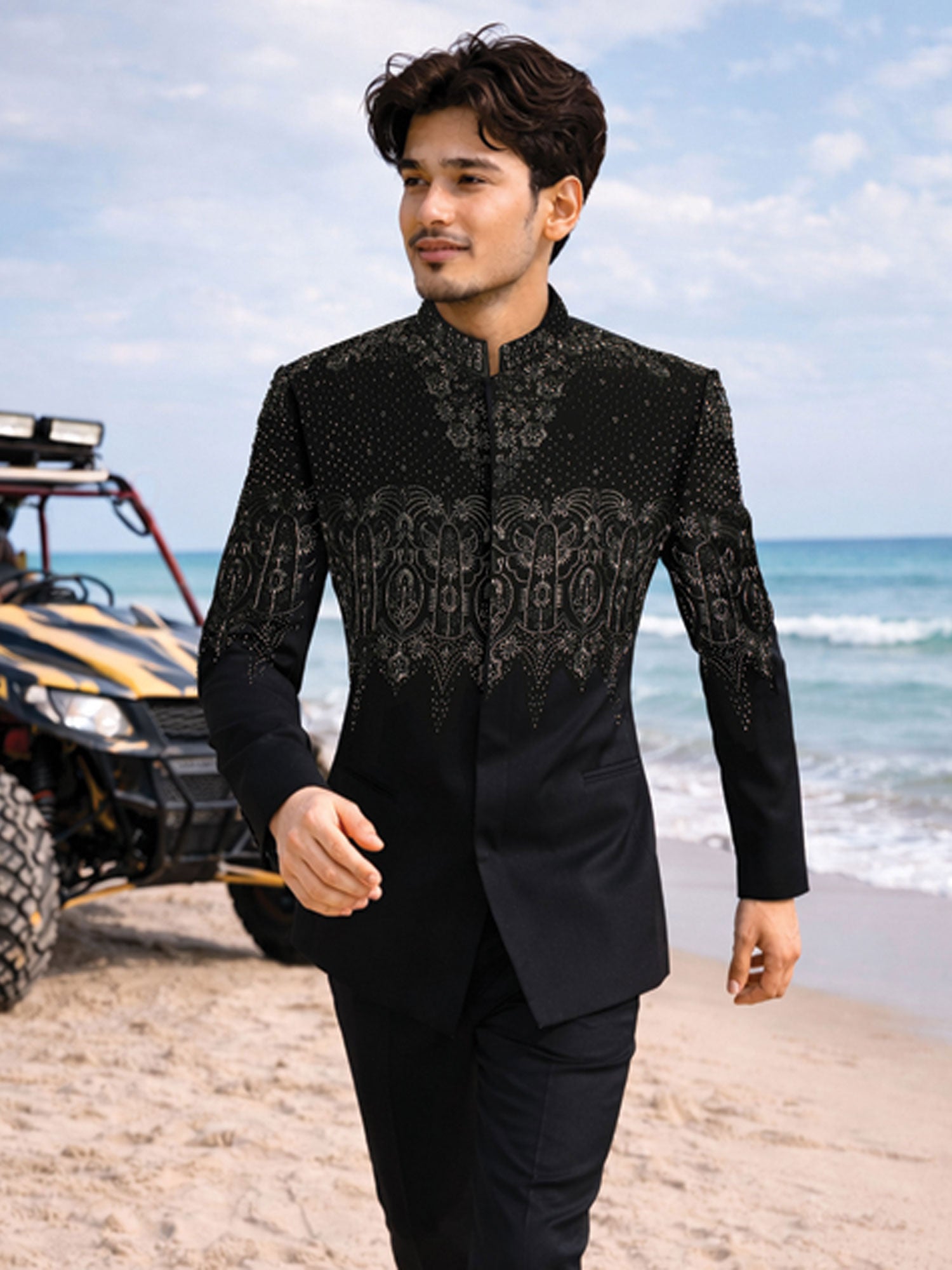 Black Heavy Embroidered Cocktail Bandhgala Set