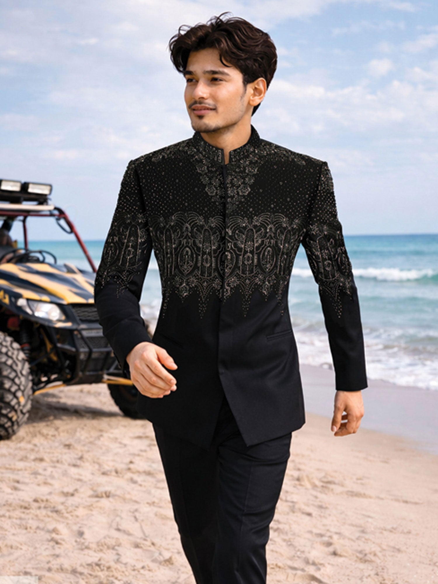Black Heavy Embroidered Cocktail Bandhgala Set