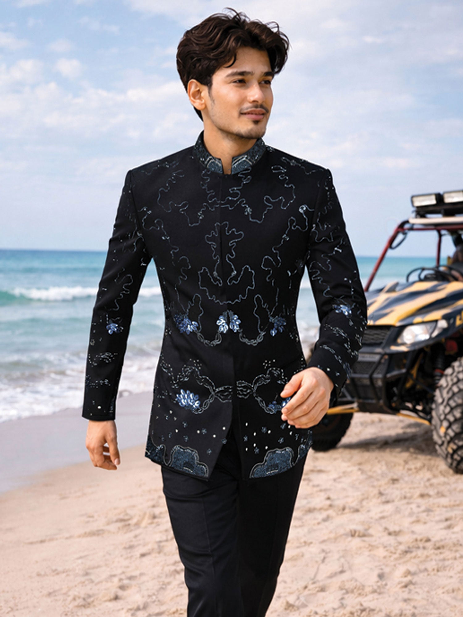 Blue Floral Sequins Work Jodhpuri Set For Mens