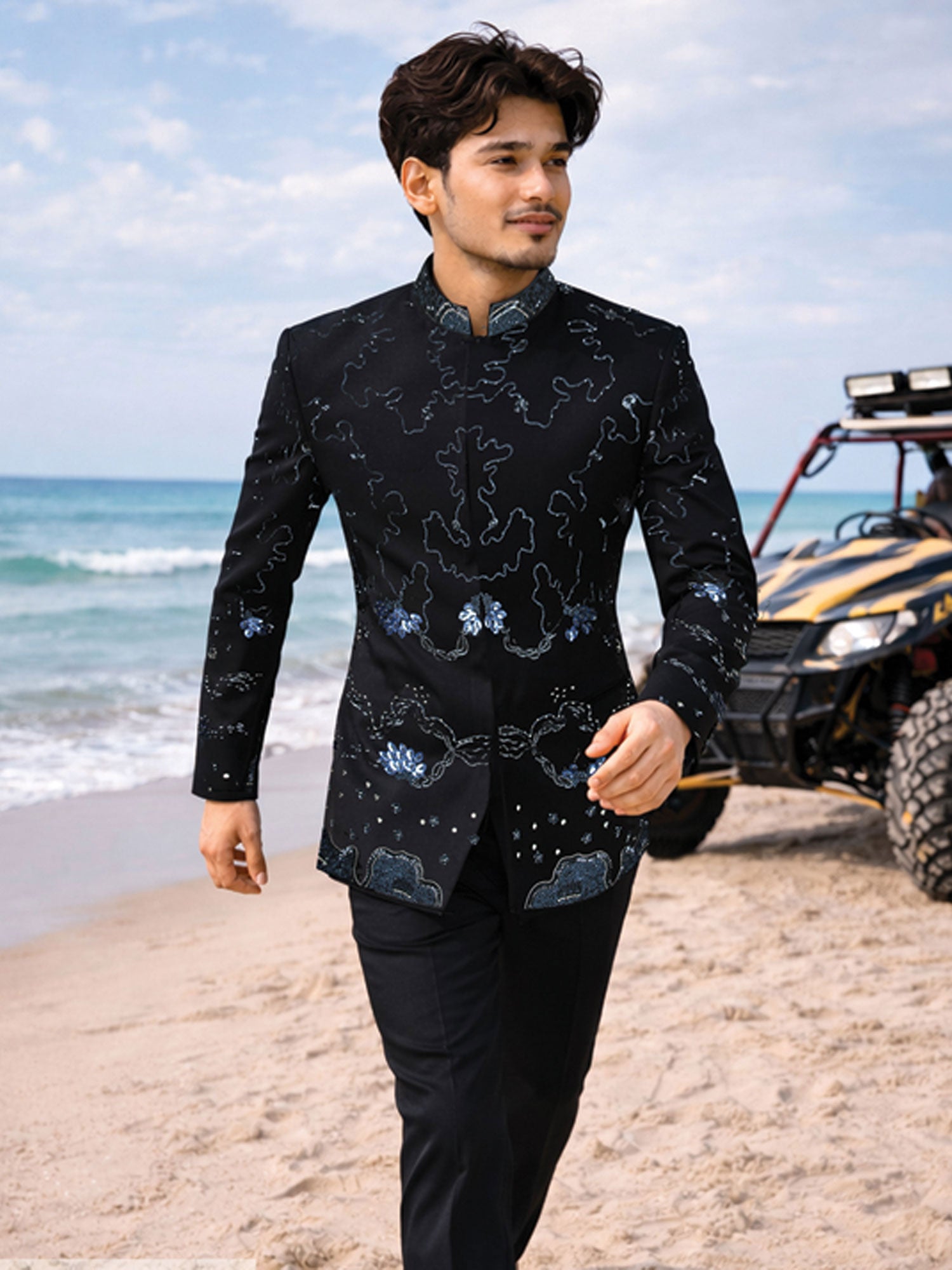 Blue Floral Sequins Work Jodhpuri Set For Mens