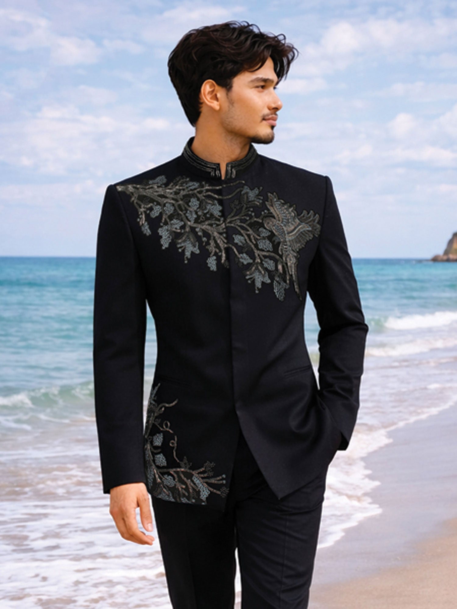 Black Floral Work Embellished Jodhpuri Set