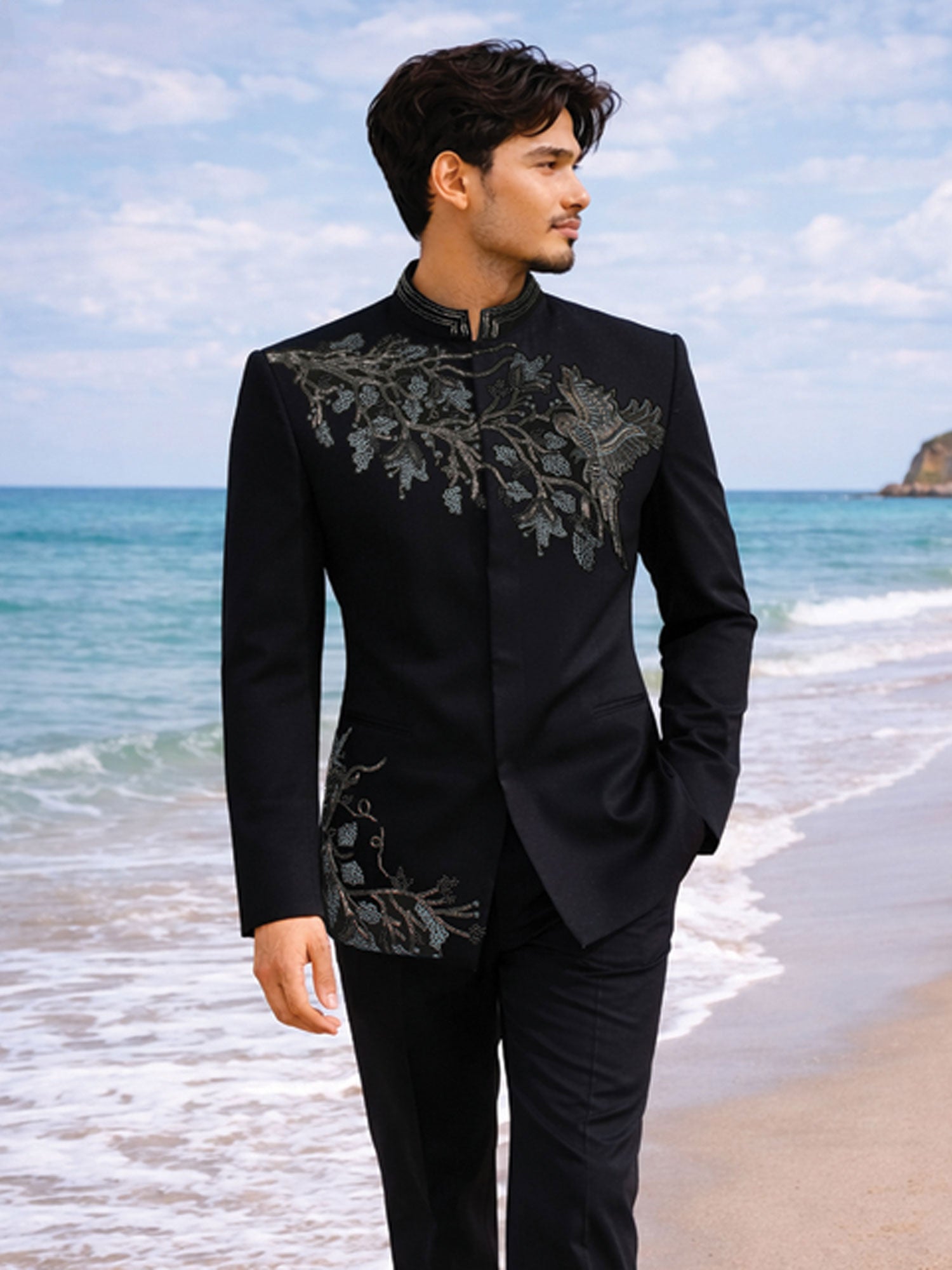Black Floral Work Embellished Jodhpuri Set