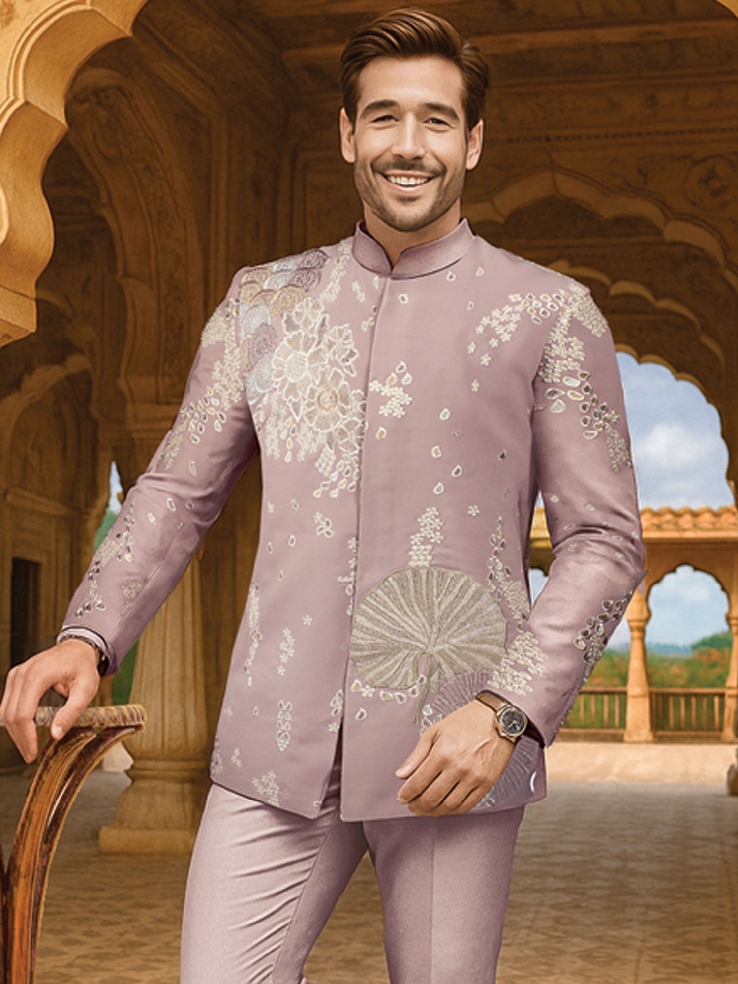 Lilac Men's Jodhpuri Set In Floral Embroidery