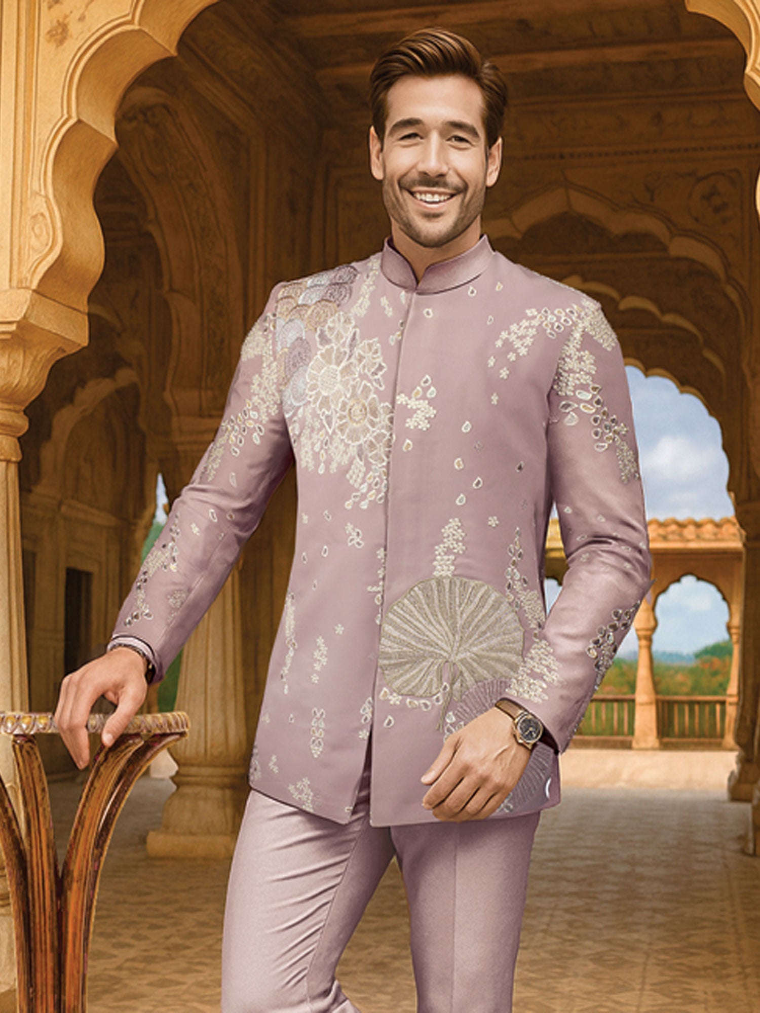 Lilac Men's Jodhpuri Set In Floral Embroidery