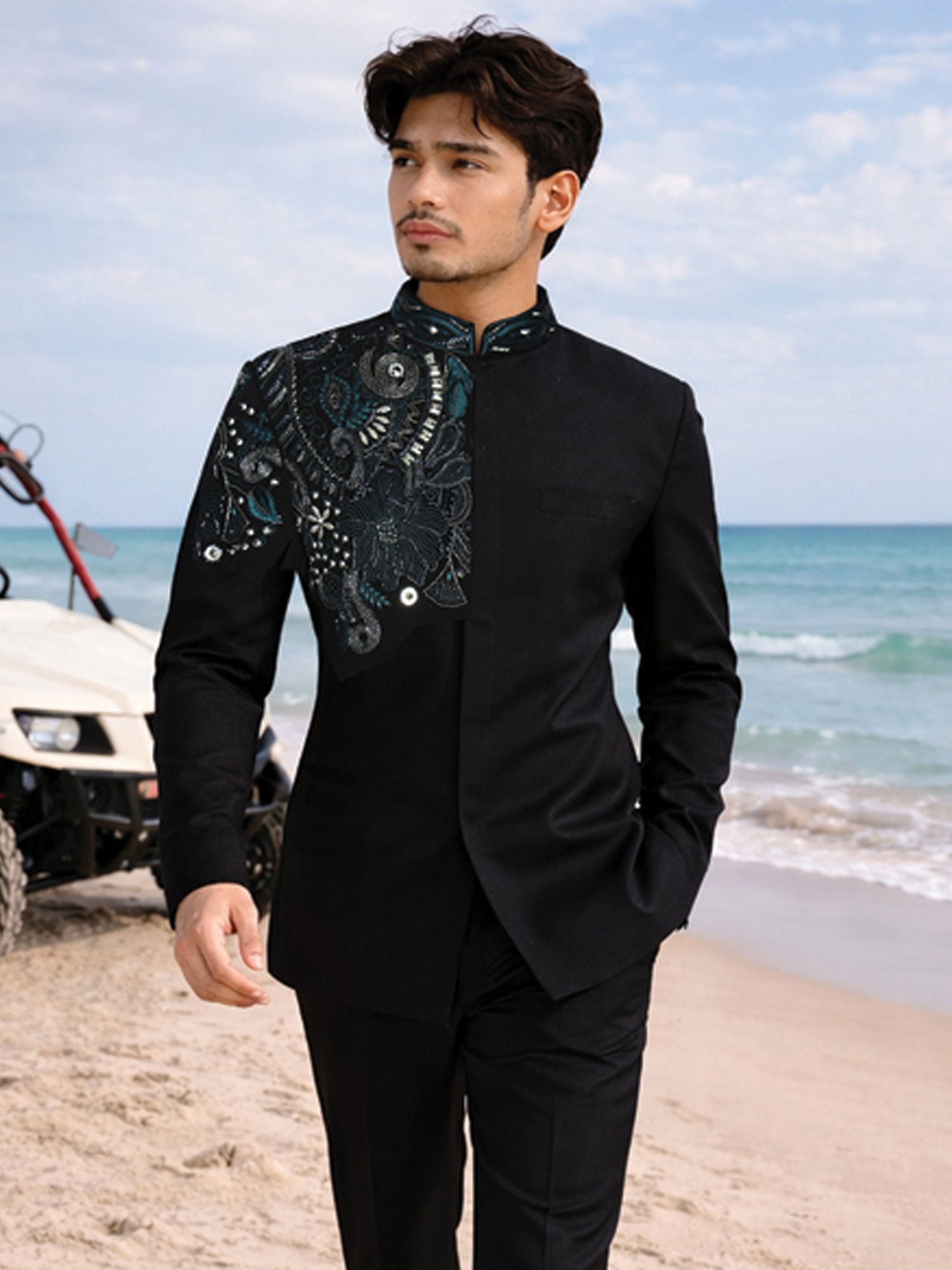 Black Sequins Work Cocktail Bandhgala Suit