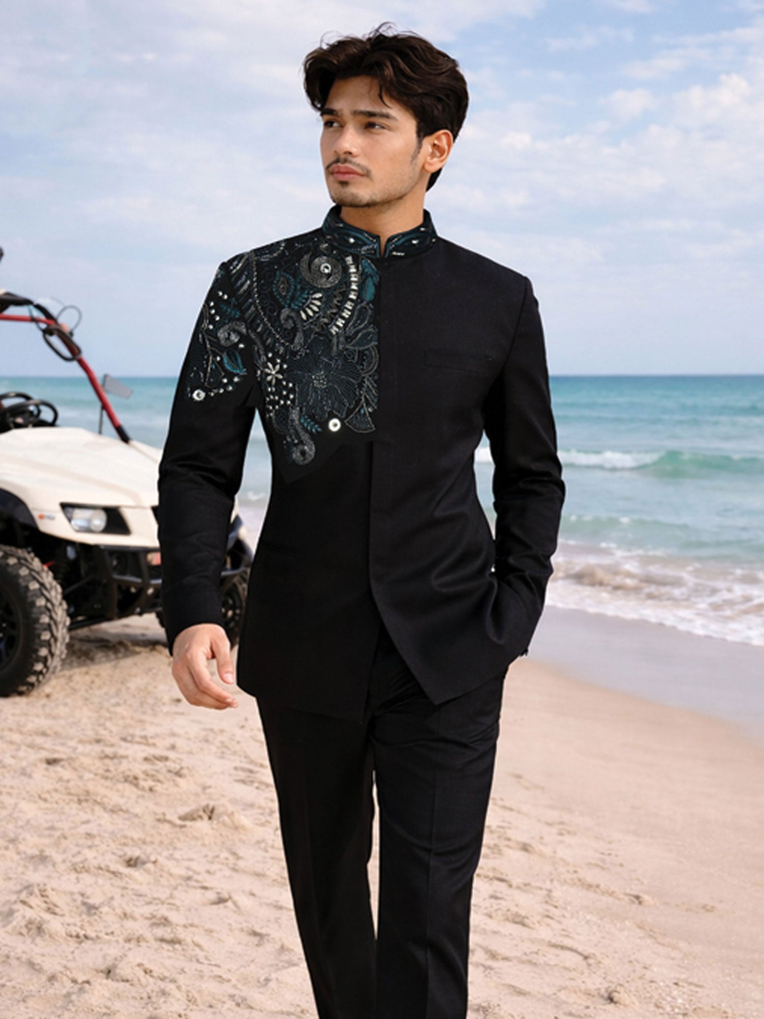 Black Sequins Work Cocktail Bandhgala Suit