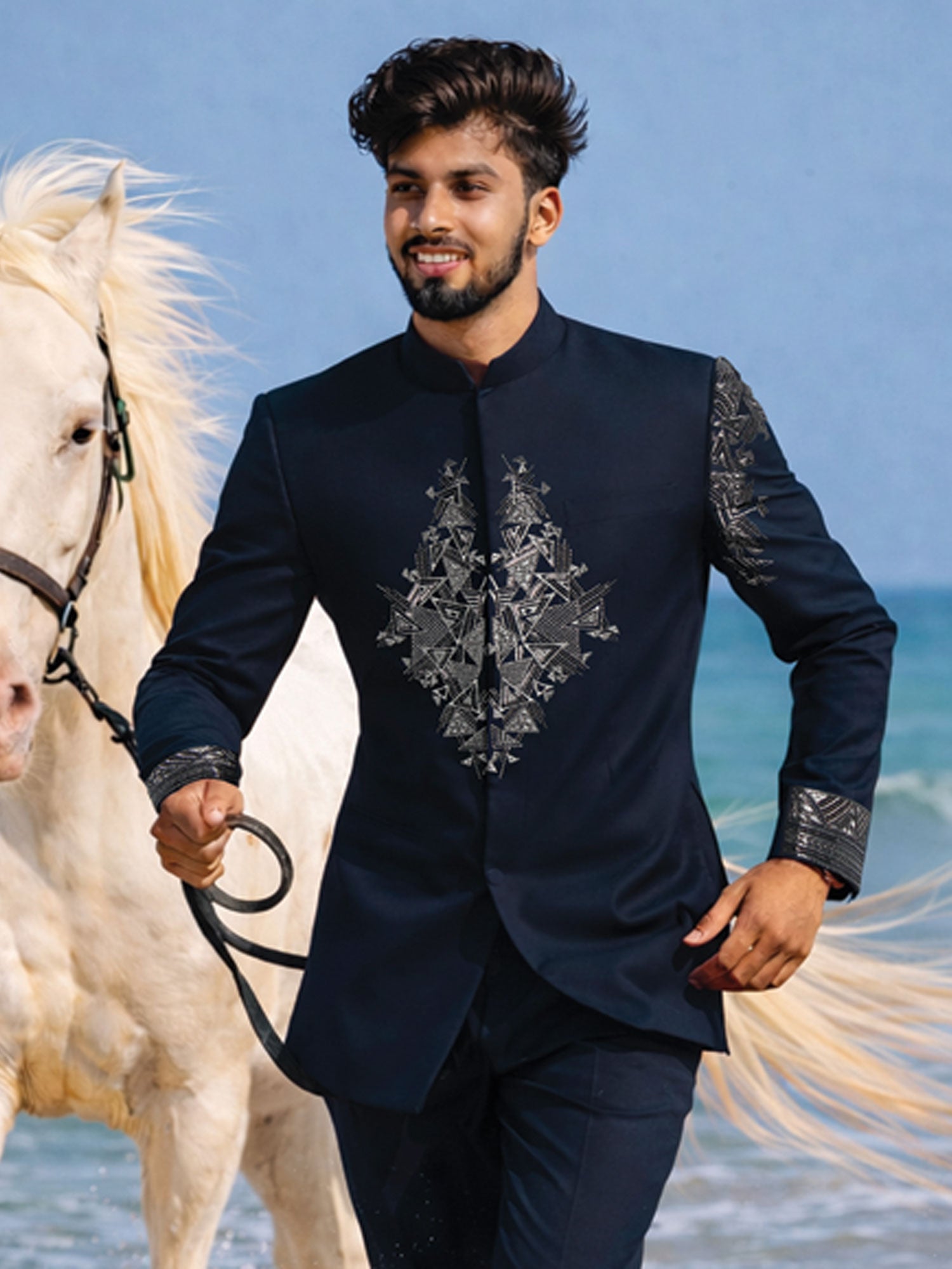 Blue Men's Bandhgala Set In Floral Work