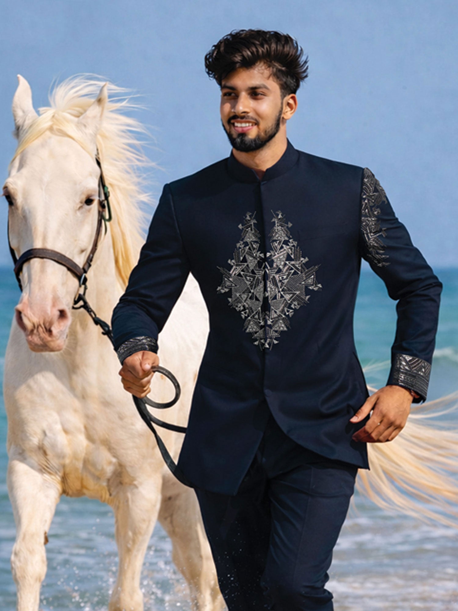 Blue Men's Bandhgala Set In Floral Work