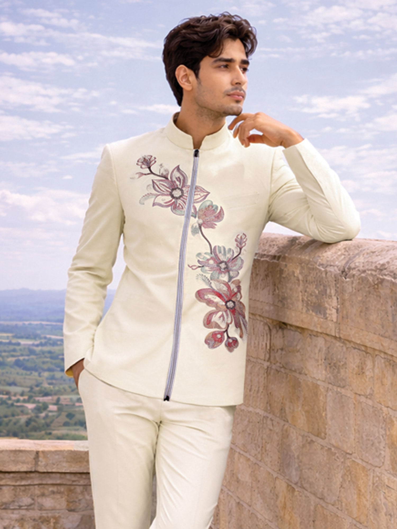 Cream Floral Work Party Wear Bandhgala Suit