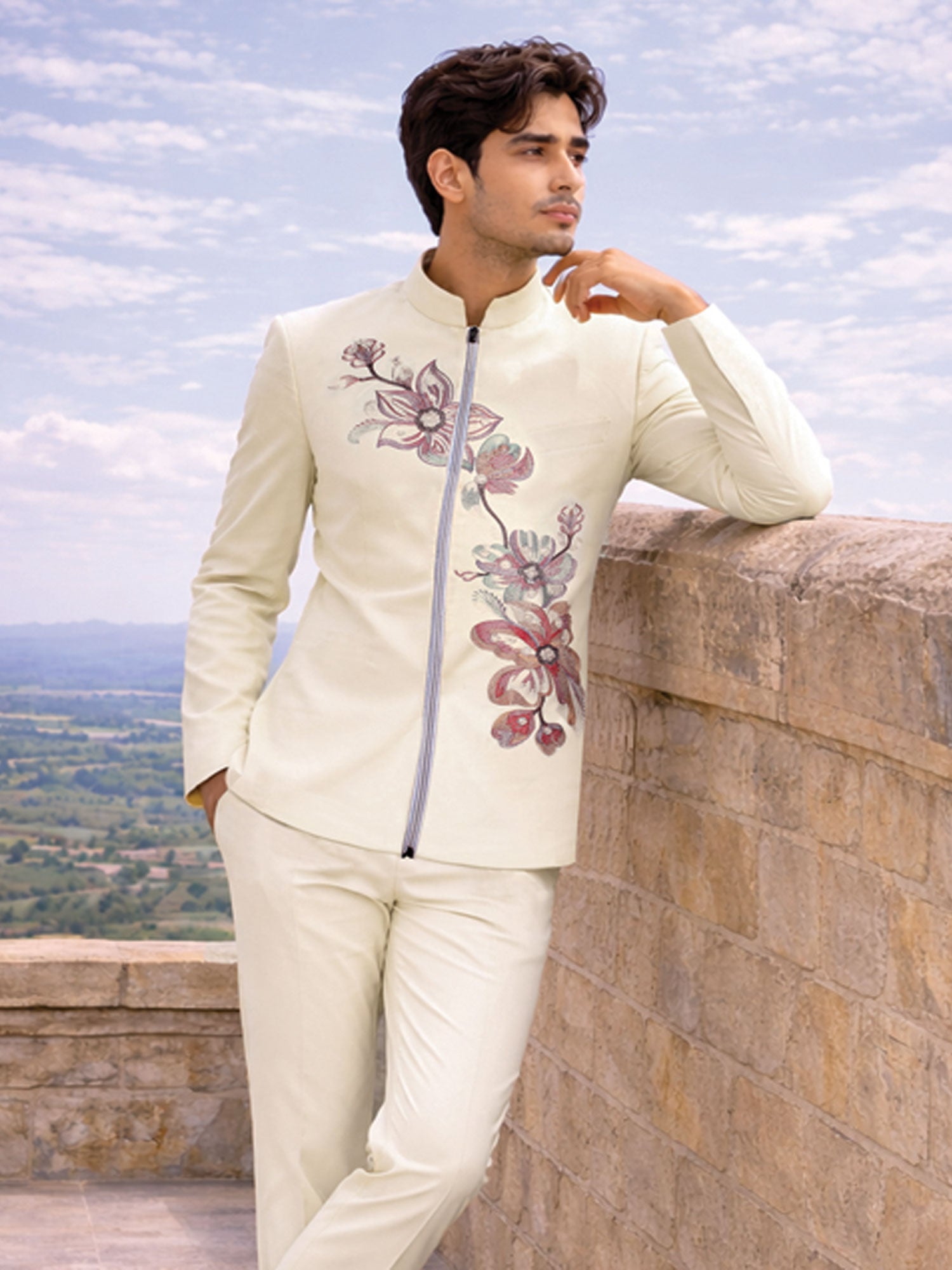 Cream Floral Work Party Wear Bandhgala Suit