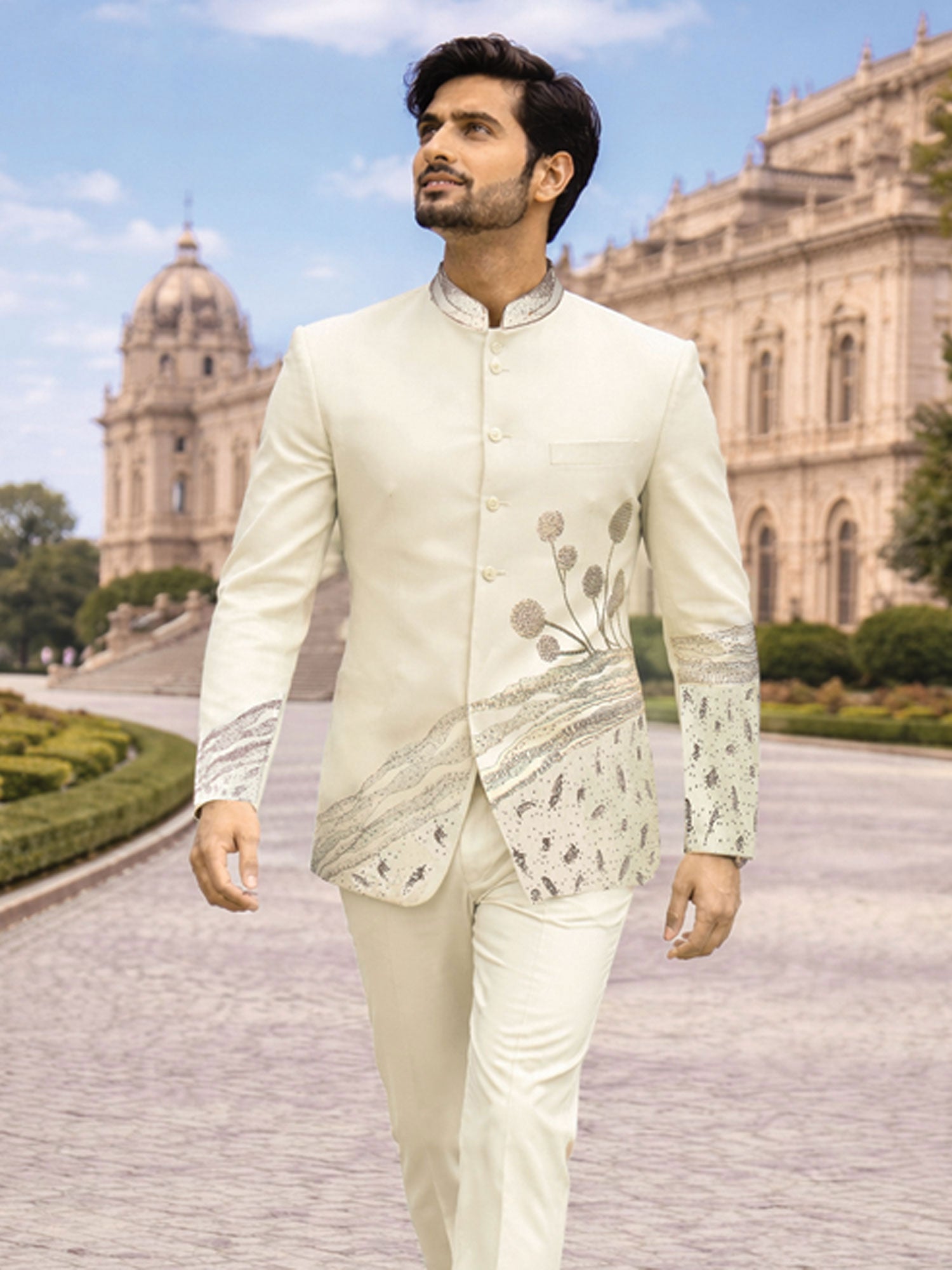 Cream Men's Bandhgala Set With Floral Work
