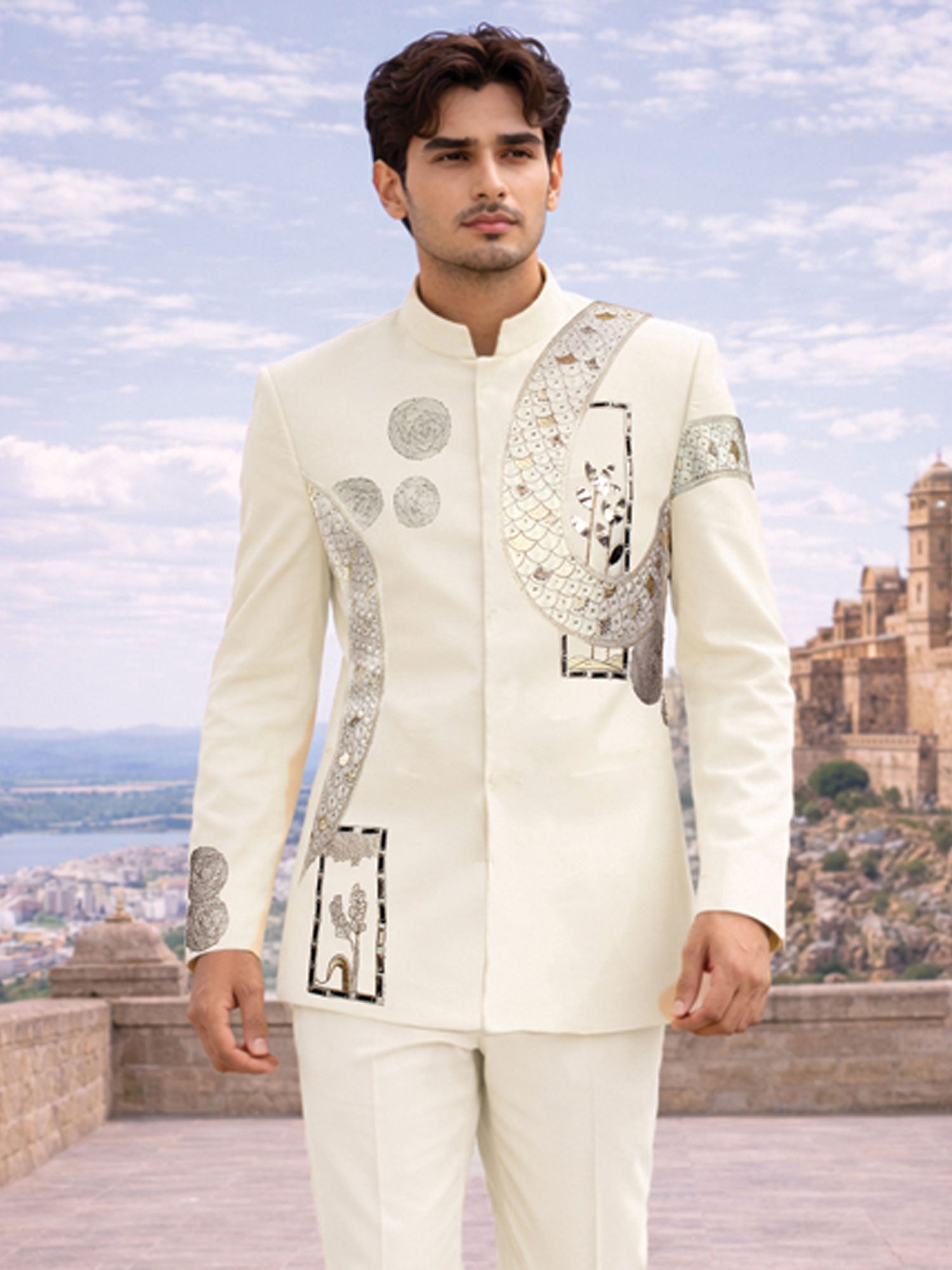 White Men's Wear Embroidered Bandhgala Suit