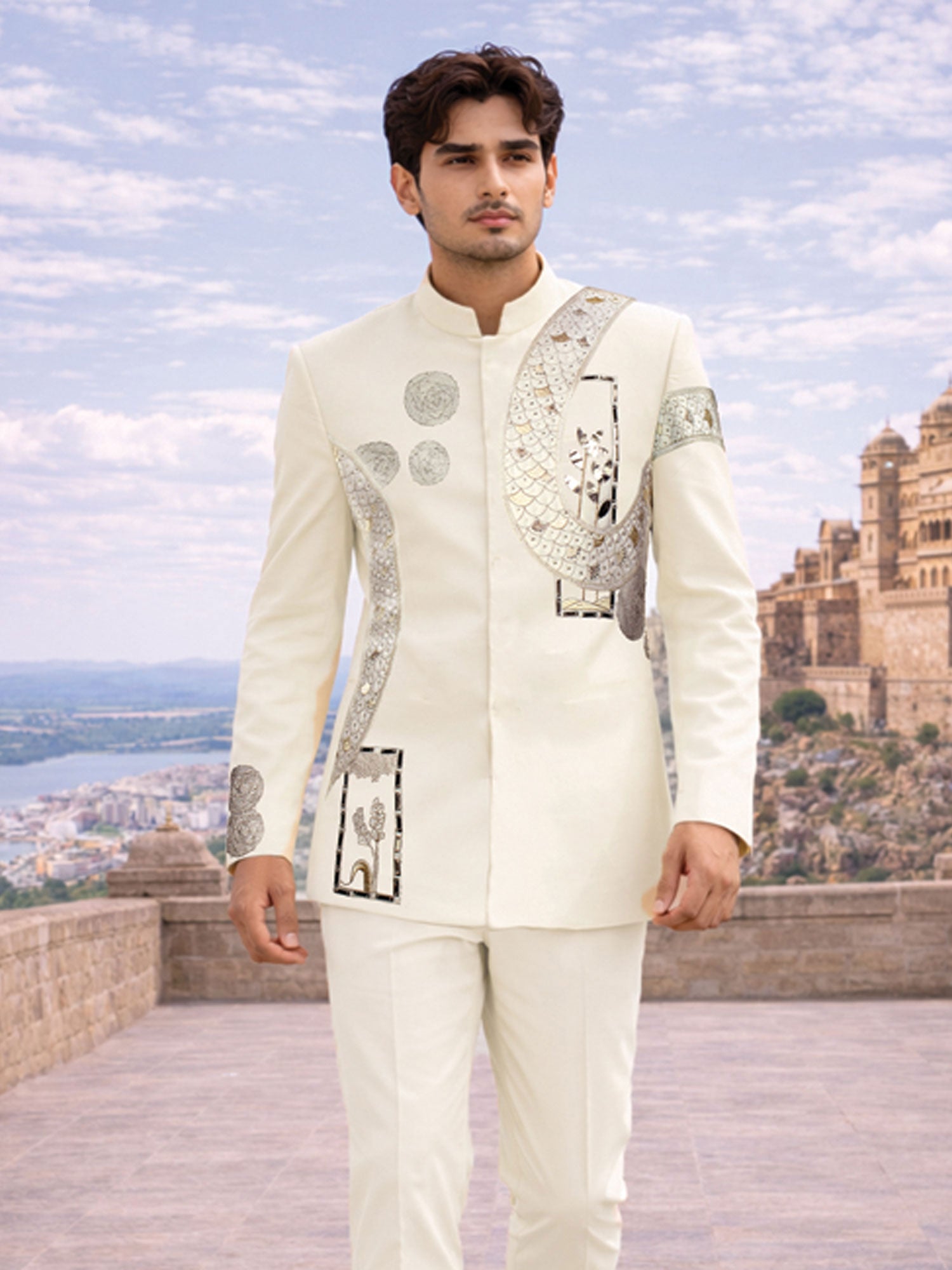White Men's Wear Embroidered Bandhgala Suit