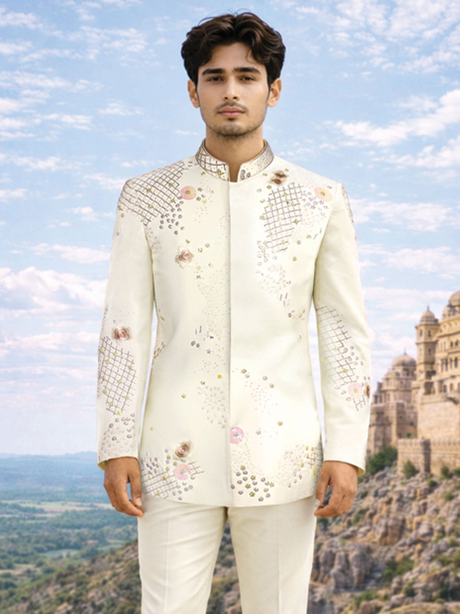 White Stone Work Embroidered Jodhpuri Suit
