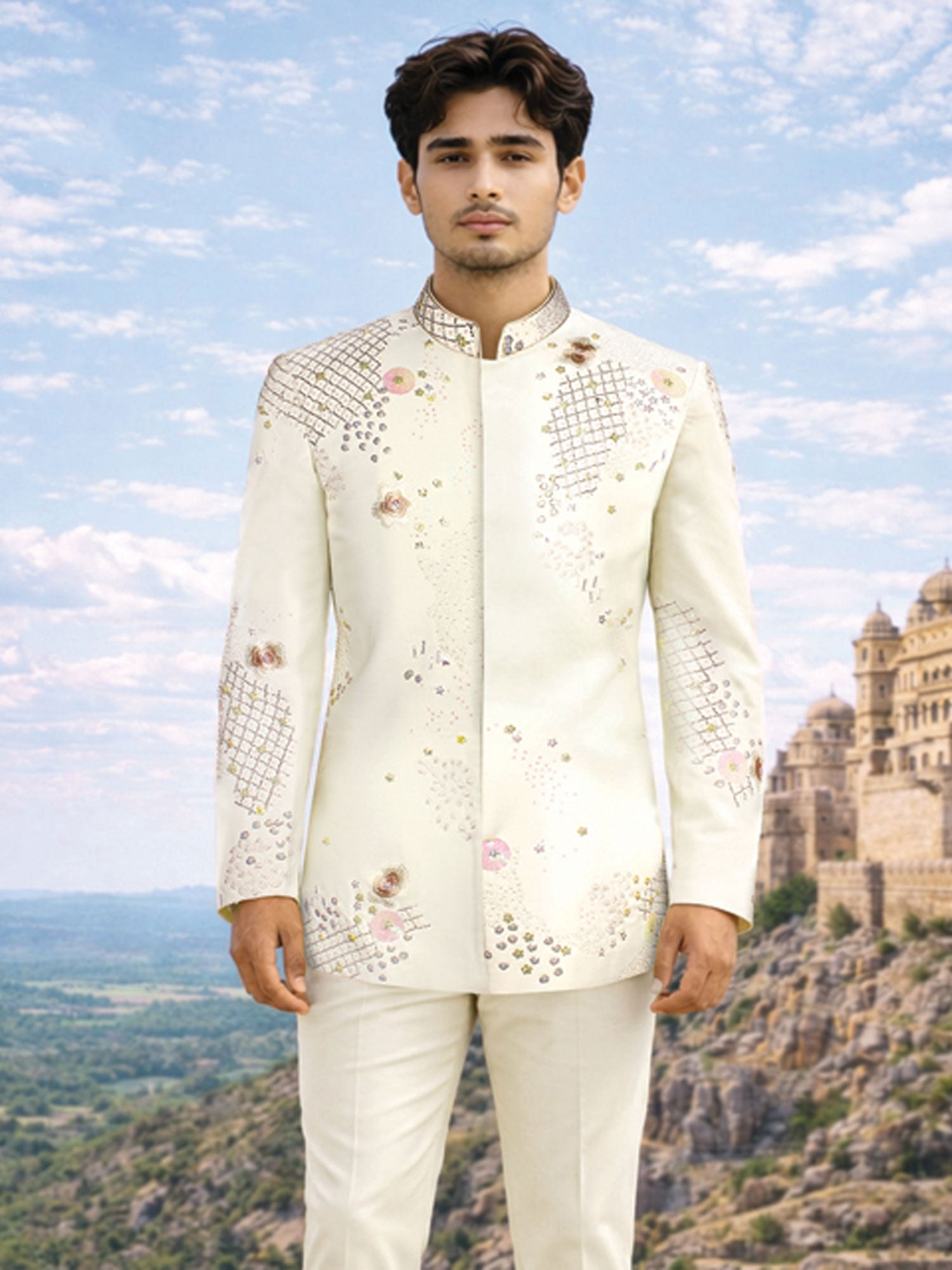 White Stone Work Embroidered Jodhpuri Suit