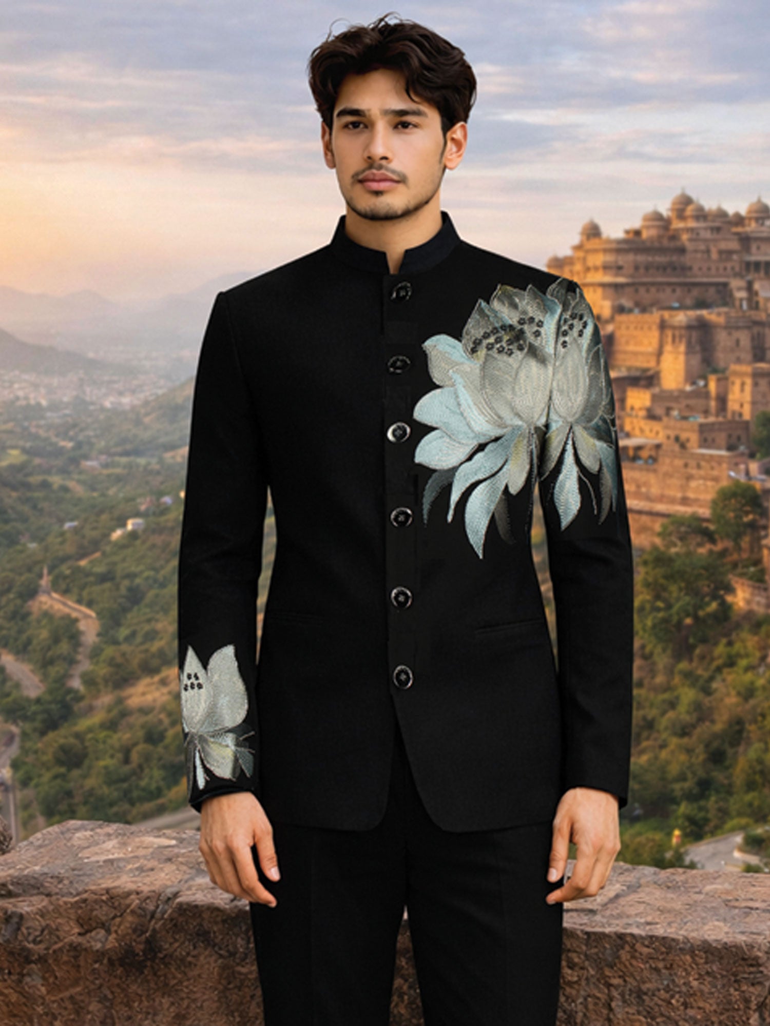 Black Menswear Wedding Bandhgala Suit Set