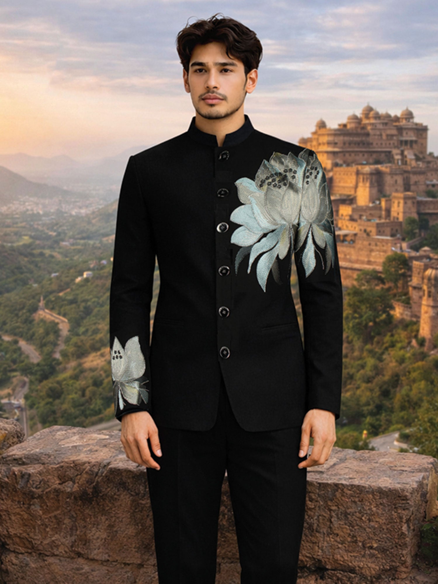 Black Menswear Wedding Bandhgala Suit Set