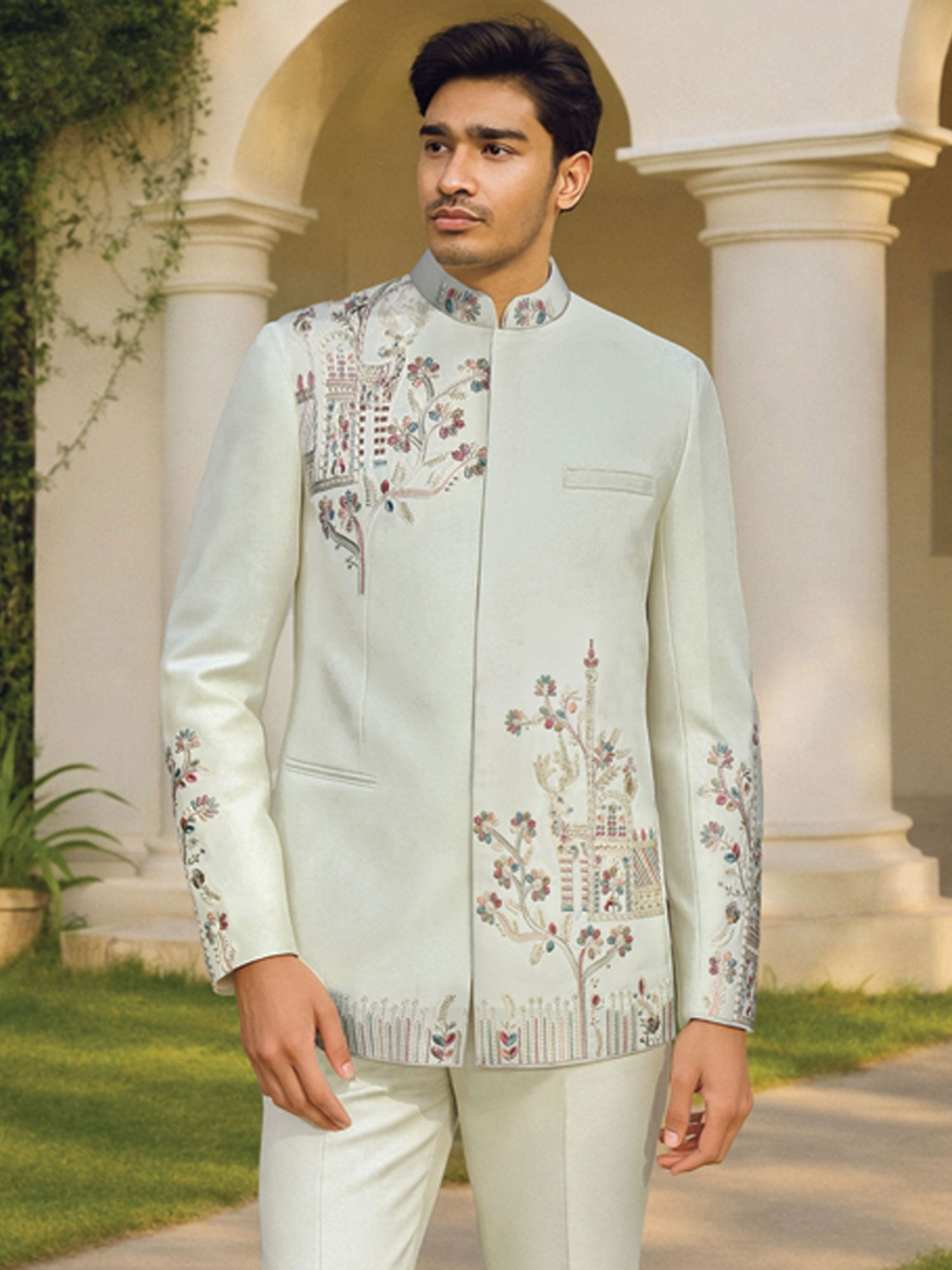 Blue Floral Thread Work Men's Bandhgala Set
