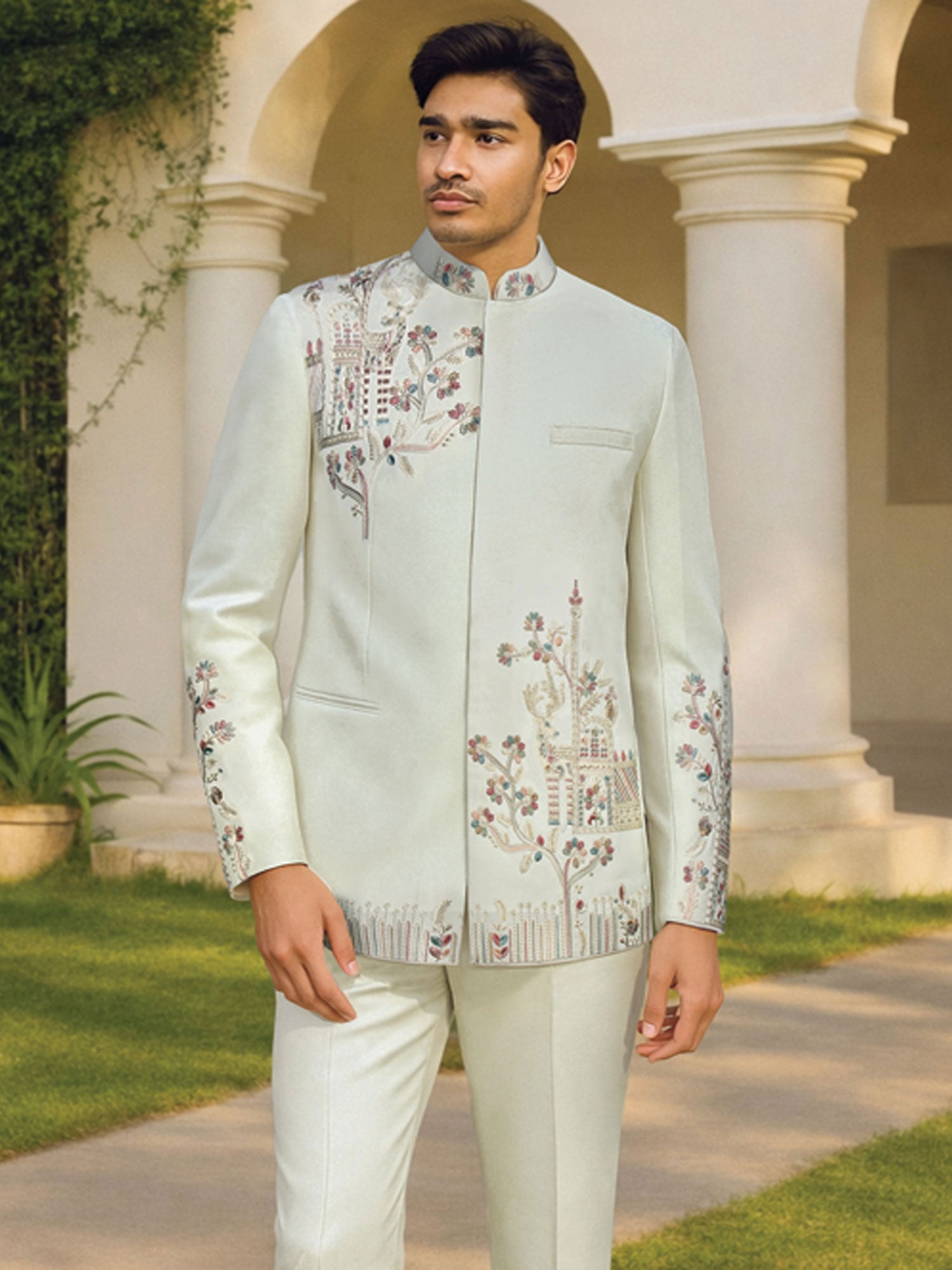 Blue Floral Thread Work Men's Bandhgala Set