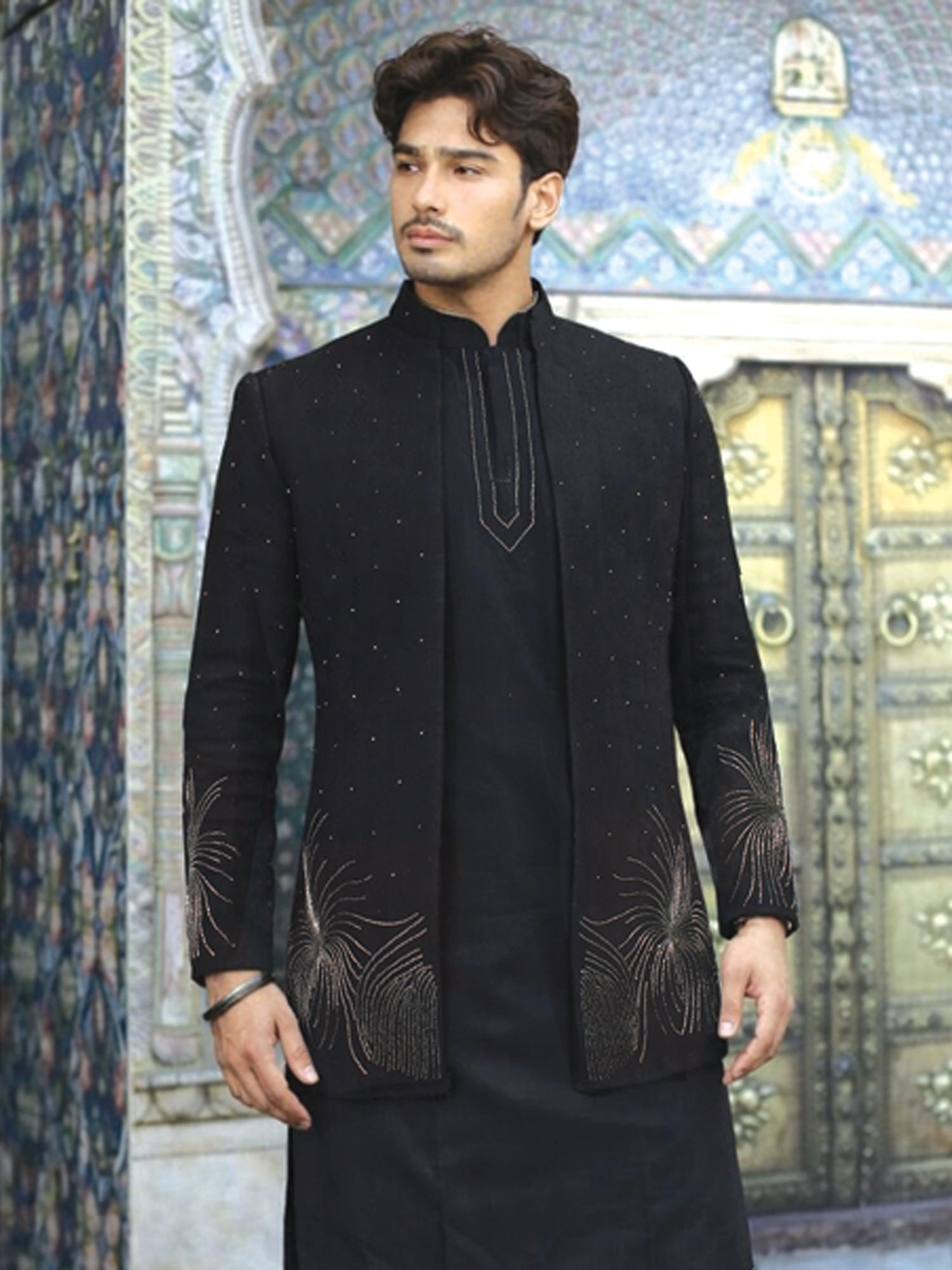 Black Embroidered Bandhgala Set With Dupatta