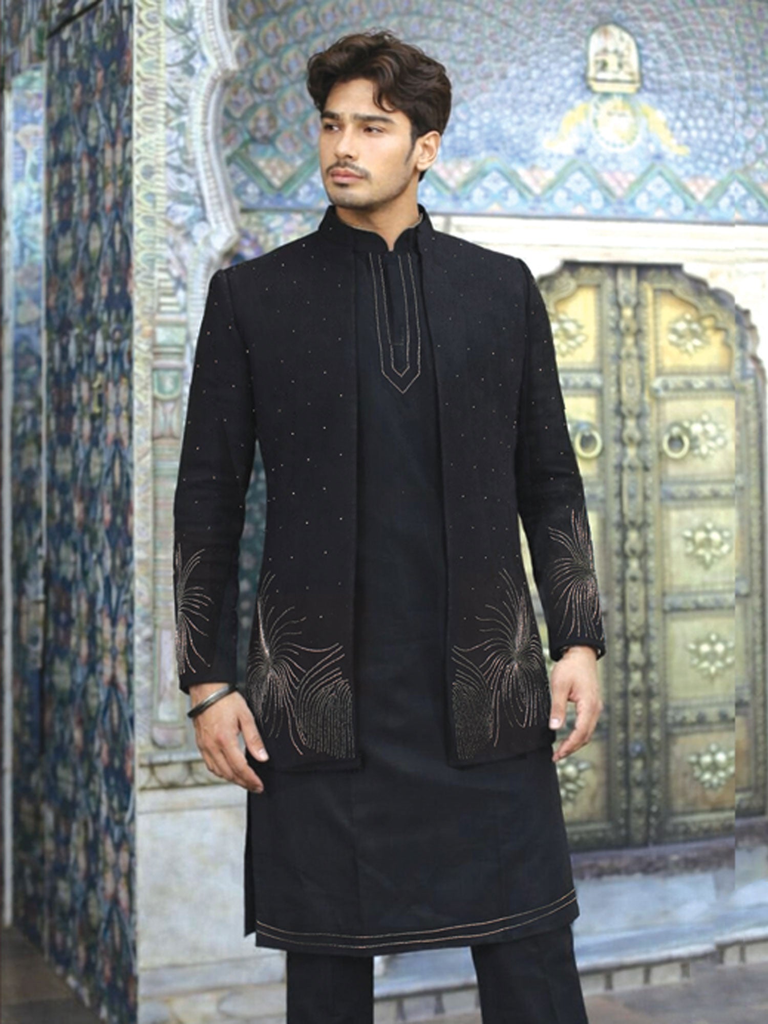 Black Embroidered Bandhgala Set With Dupatta